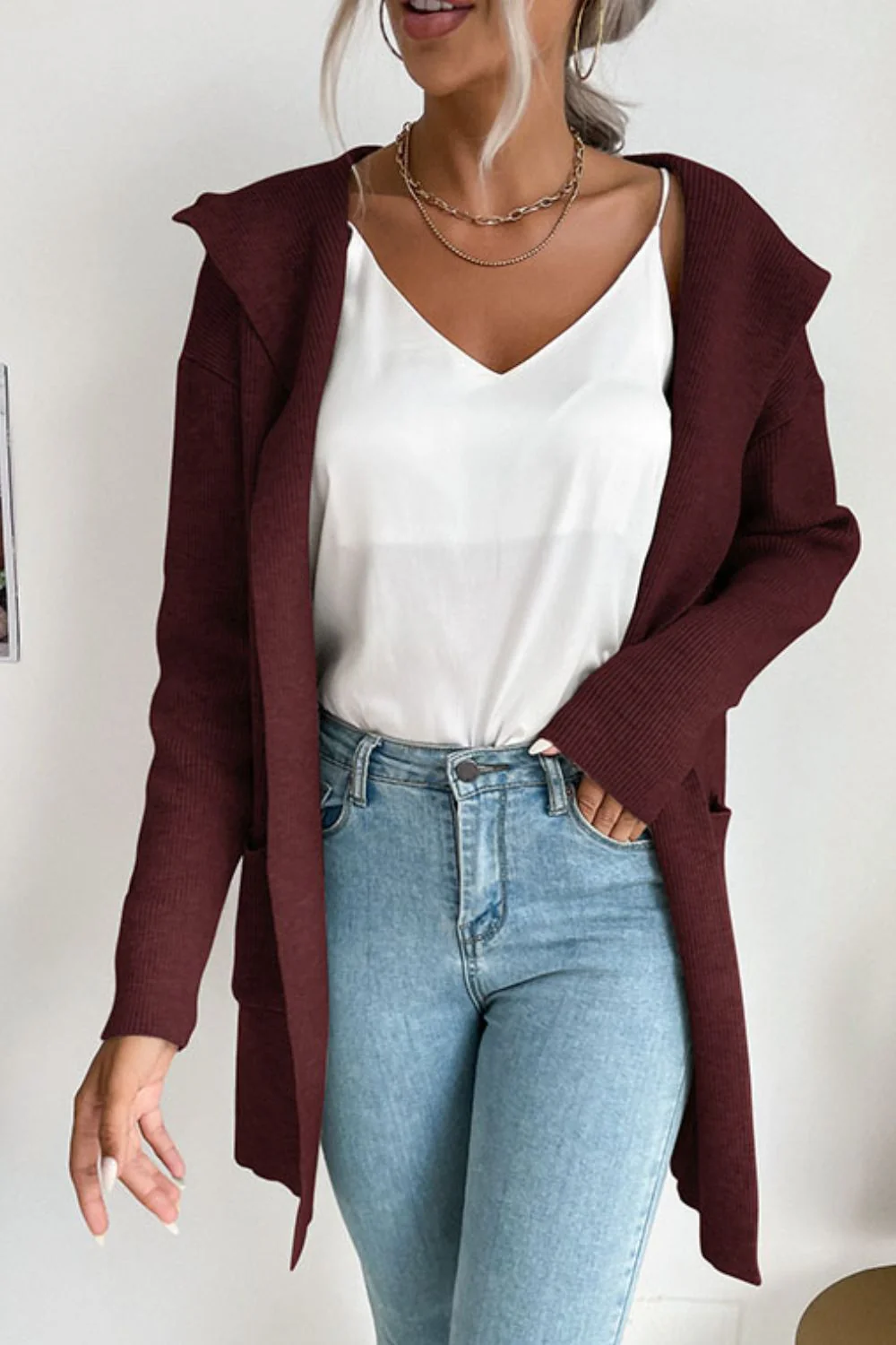Perfee Ribbed Open Front Hooded Cardigan with Pockets - Image 4
