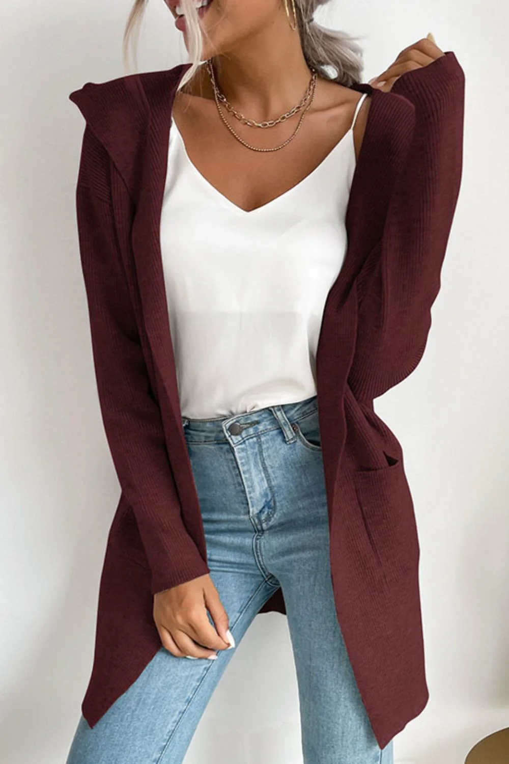 Perfee Ribbed Open Front Hooded Cardigan with Pockets - Image 5
