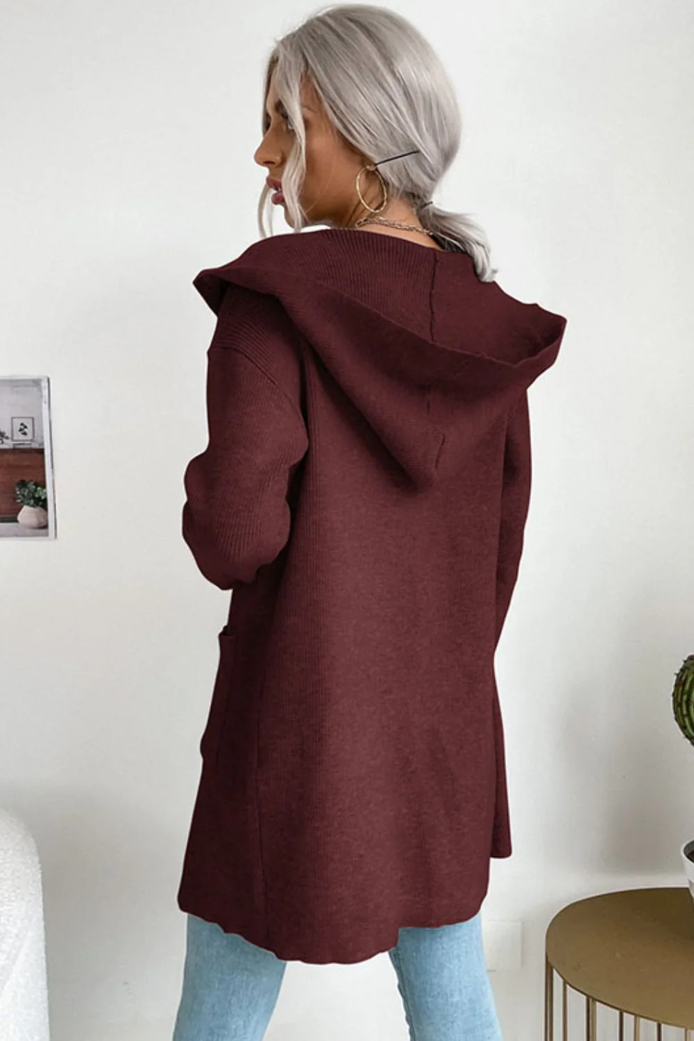 Perfee Ribbed Open Front Hooded Cardigan with Pockets - Image 6