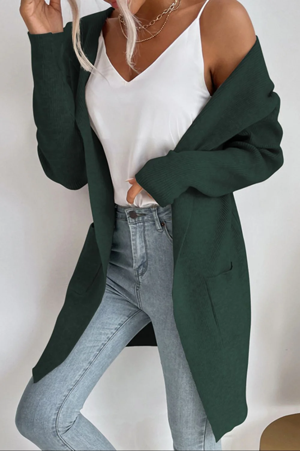 Perfee Ribbed Open Front Hooded Cardigan with Pockets - Image 7