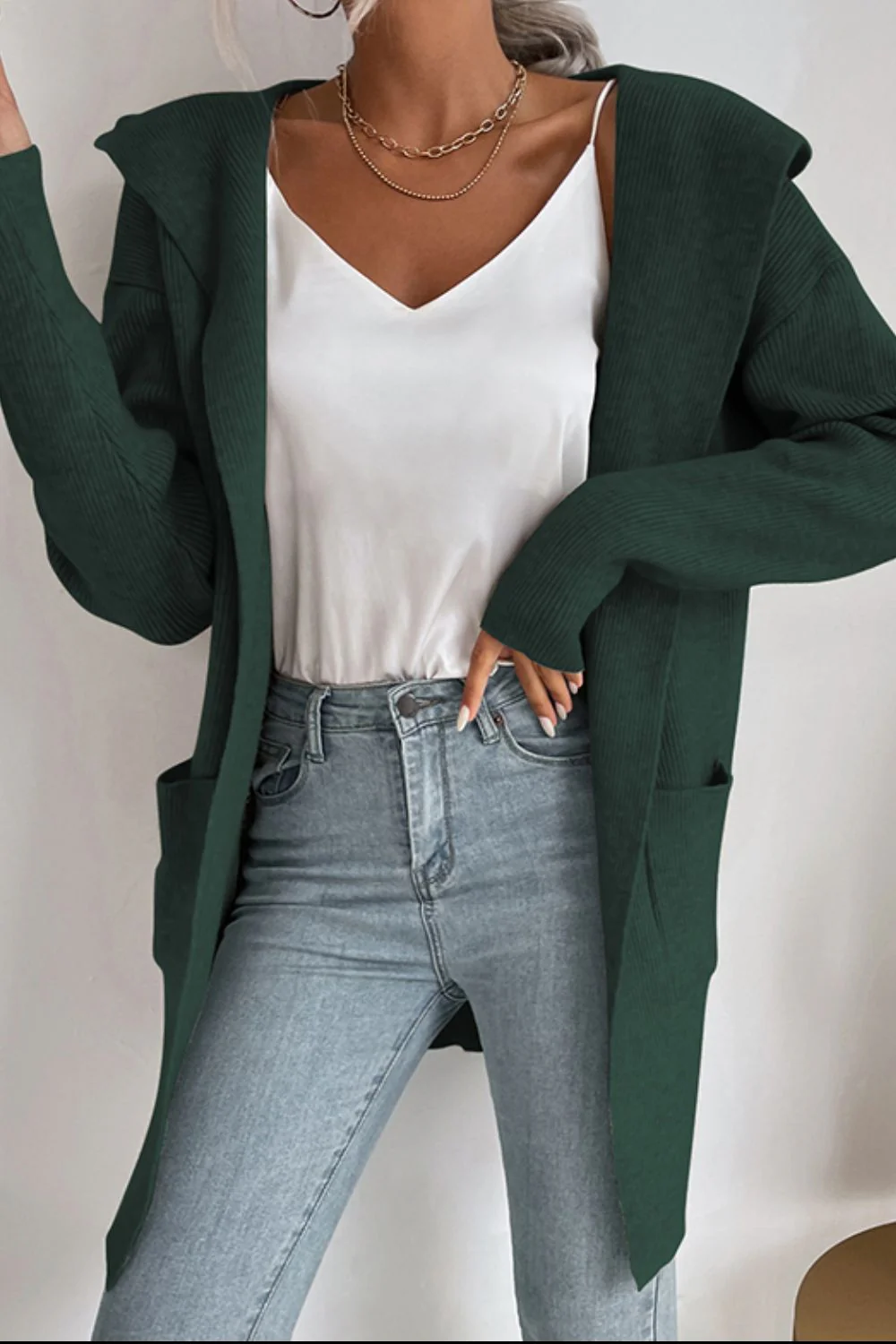Perfee Ribbed Open Front Hooded Cardigan with Pockets - Image 8