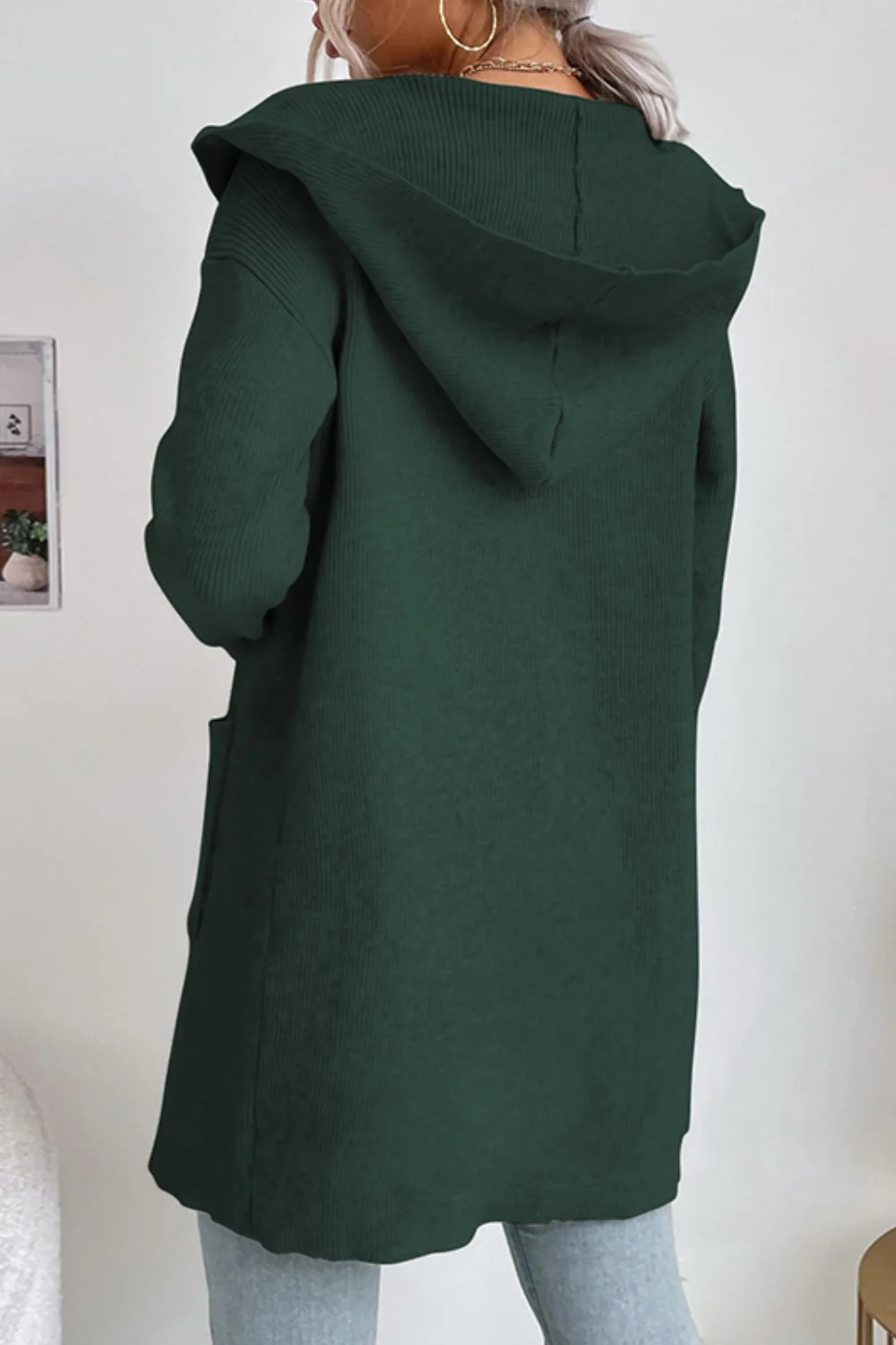 Perfee Ribbed Open Front Hooded Cardigan with Pockets - Image 9