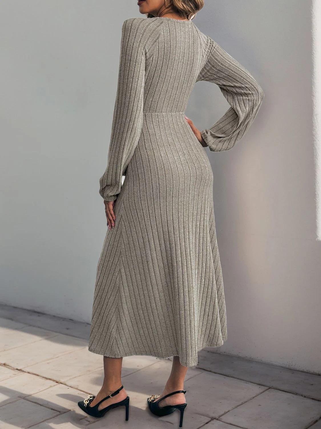 Perfee Ribbed Tied Surplice Long Sleeve Dress - Image 2