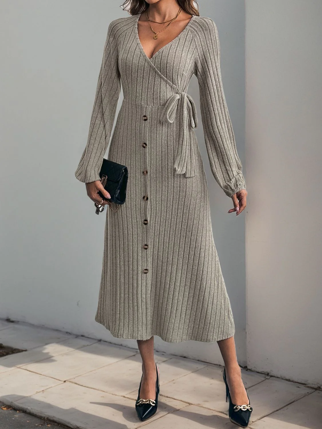 Perfee Ribbed Tied Surplice Long Sleeve Dress - Image 3
