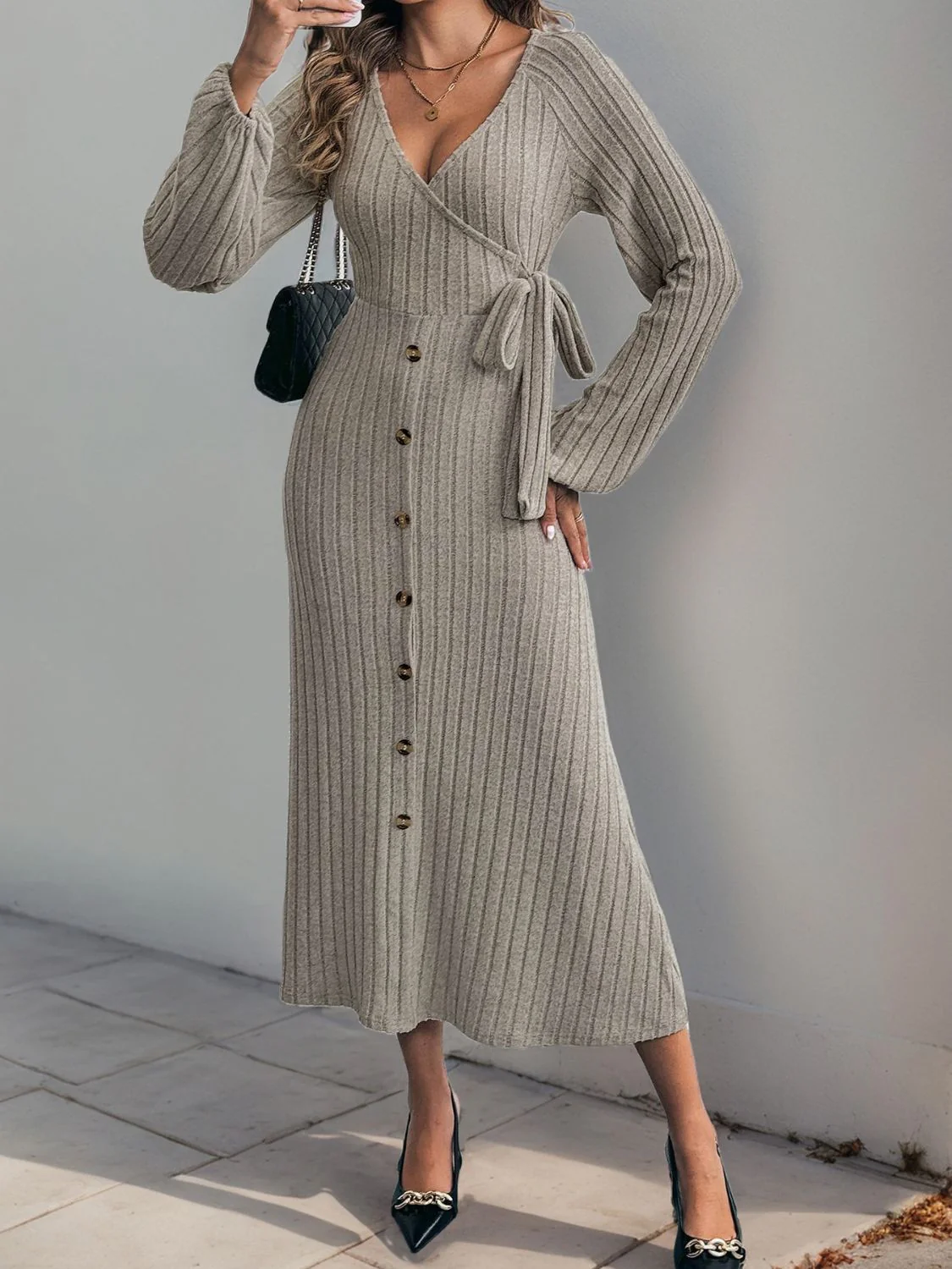 Perfee Ribbed Tied Surplice Long Sleeve Dress - Image 4
