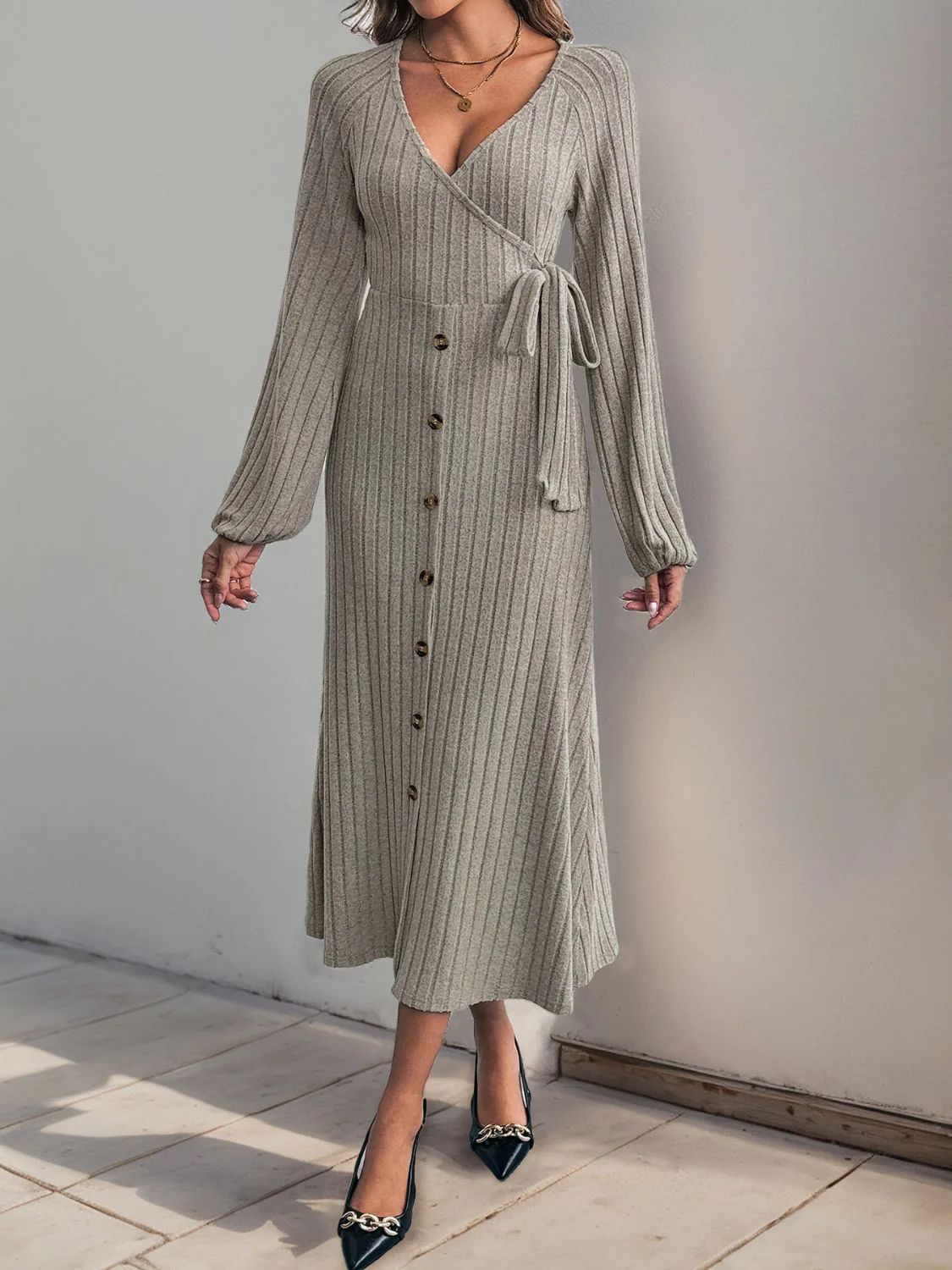 Perfee Ribbed Tied Surplice Long Sleeve Dress - Image 5