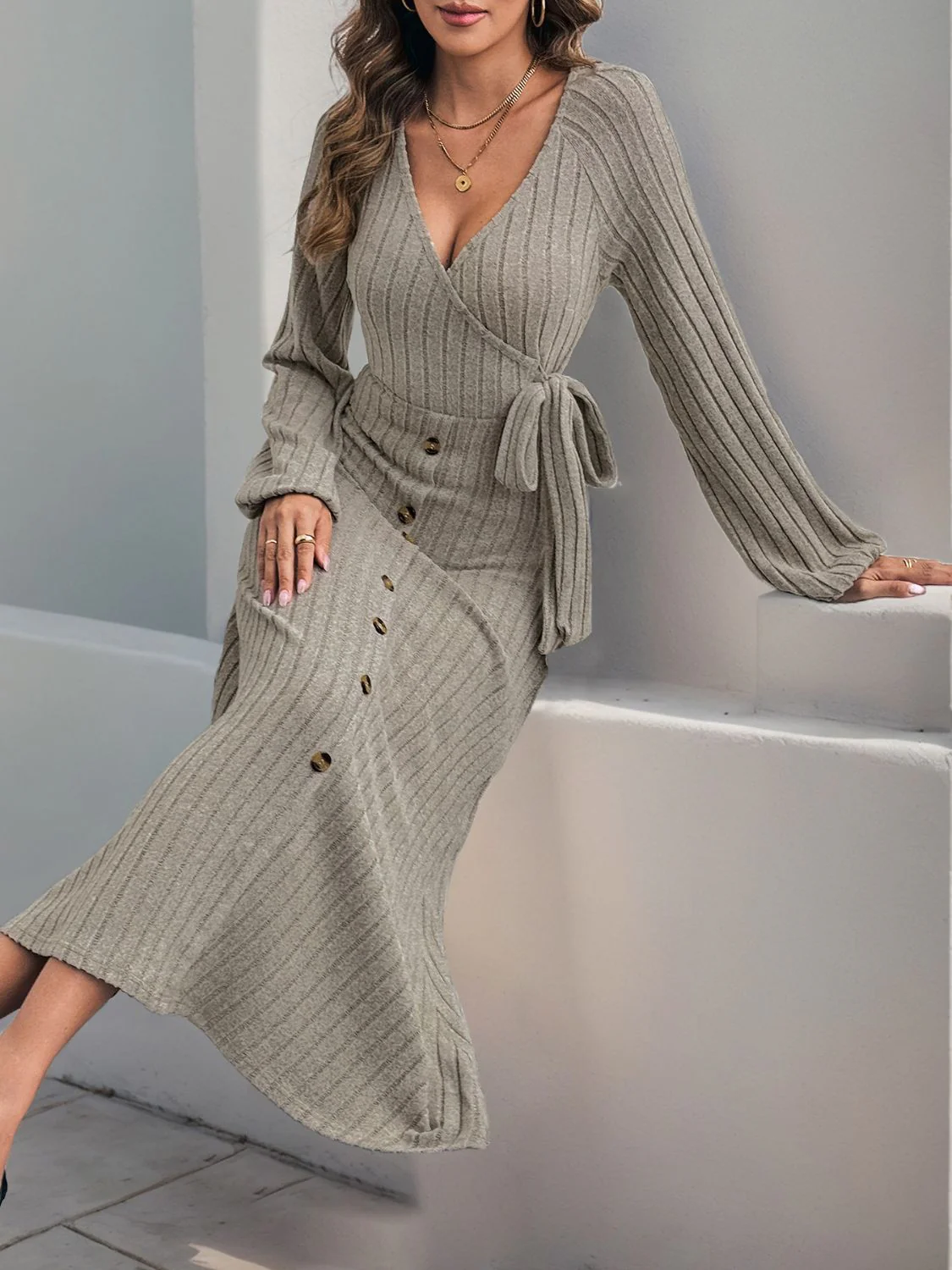 Perfee Ribbed Tied Surplice Long Sleeve Dress - Image 6