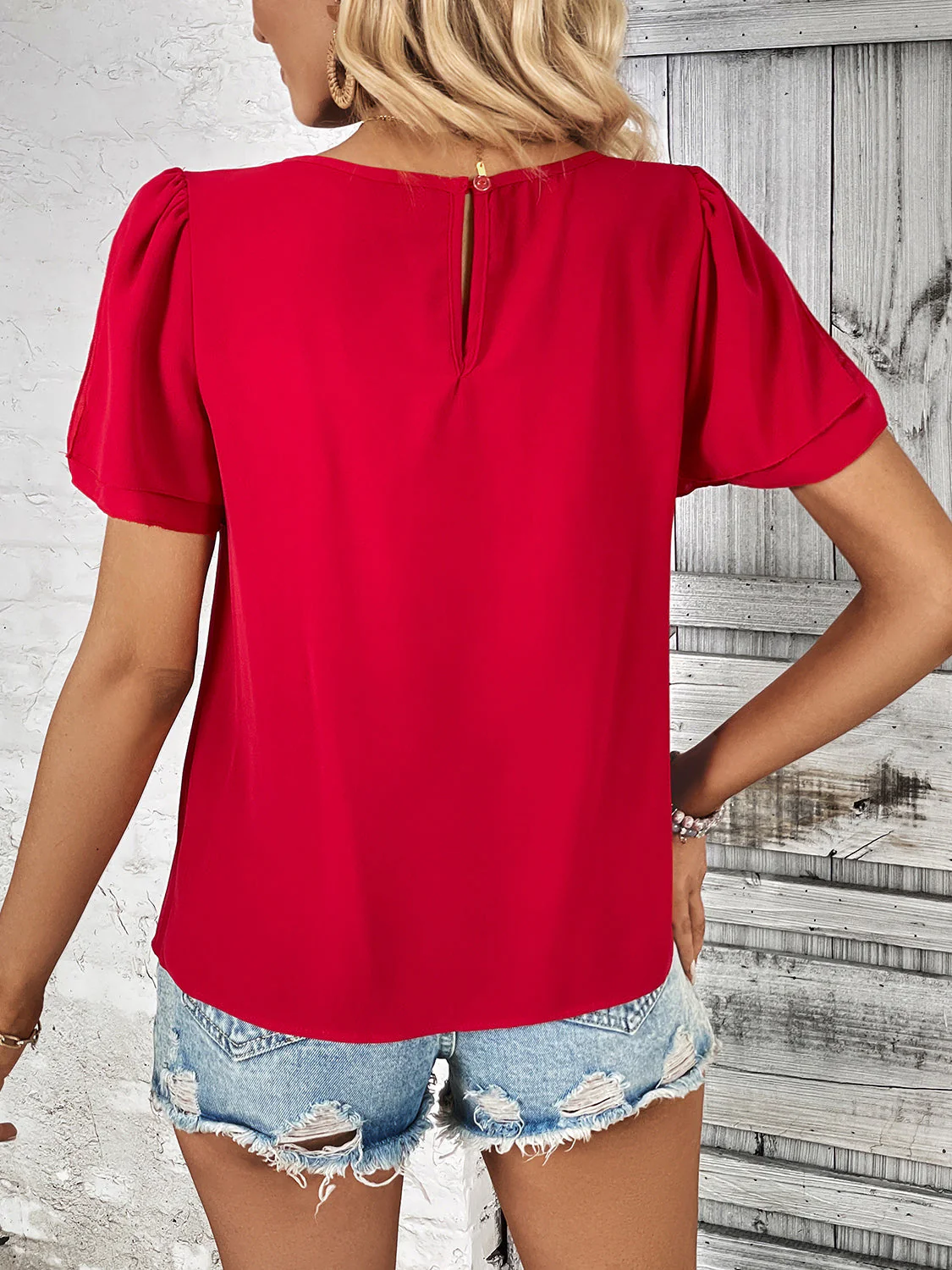 Perfee Round Neck Slit Short Sleeve Top - Image 2