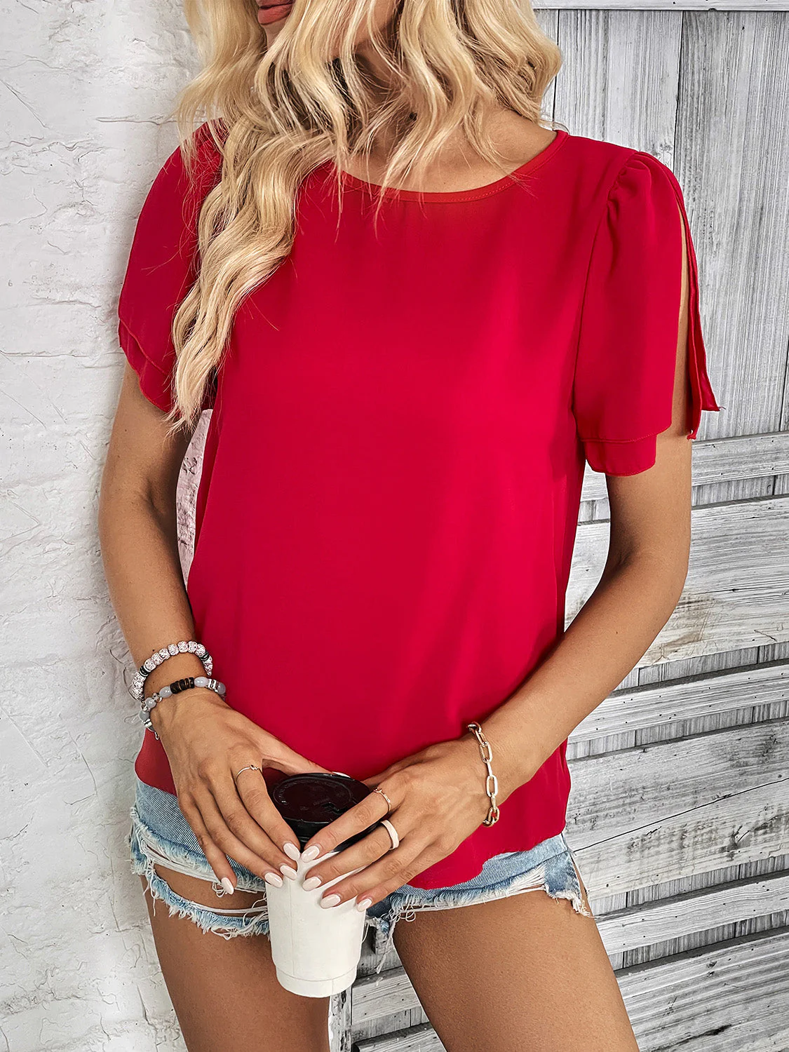 Perfee Round Neck Slit Short Sleeve Top - Image 4