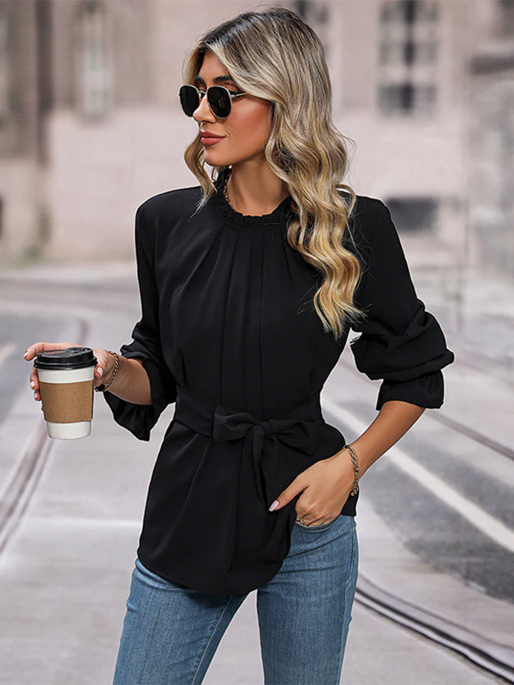 Perfee Round Neck Tie Waist Long Sleeve Blouse - Image 4