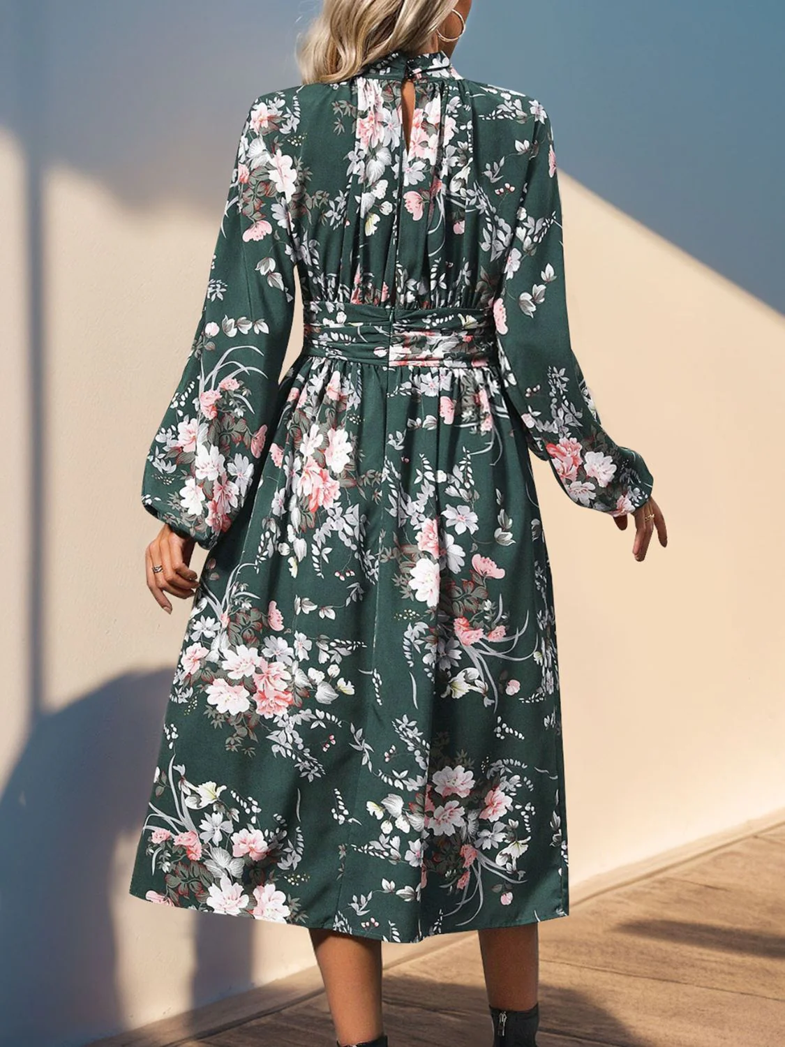 Perfee Ruched Printed Mock Neck Long Sleeve Midi Dress - Image 2