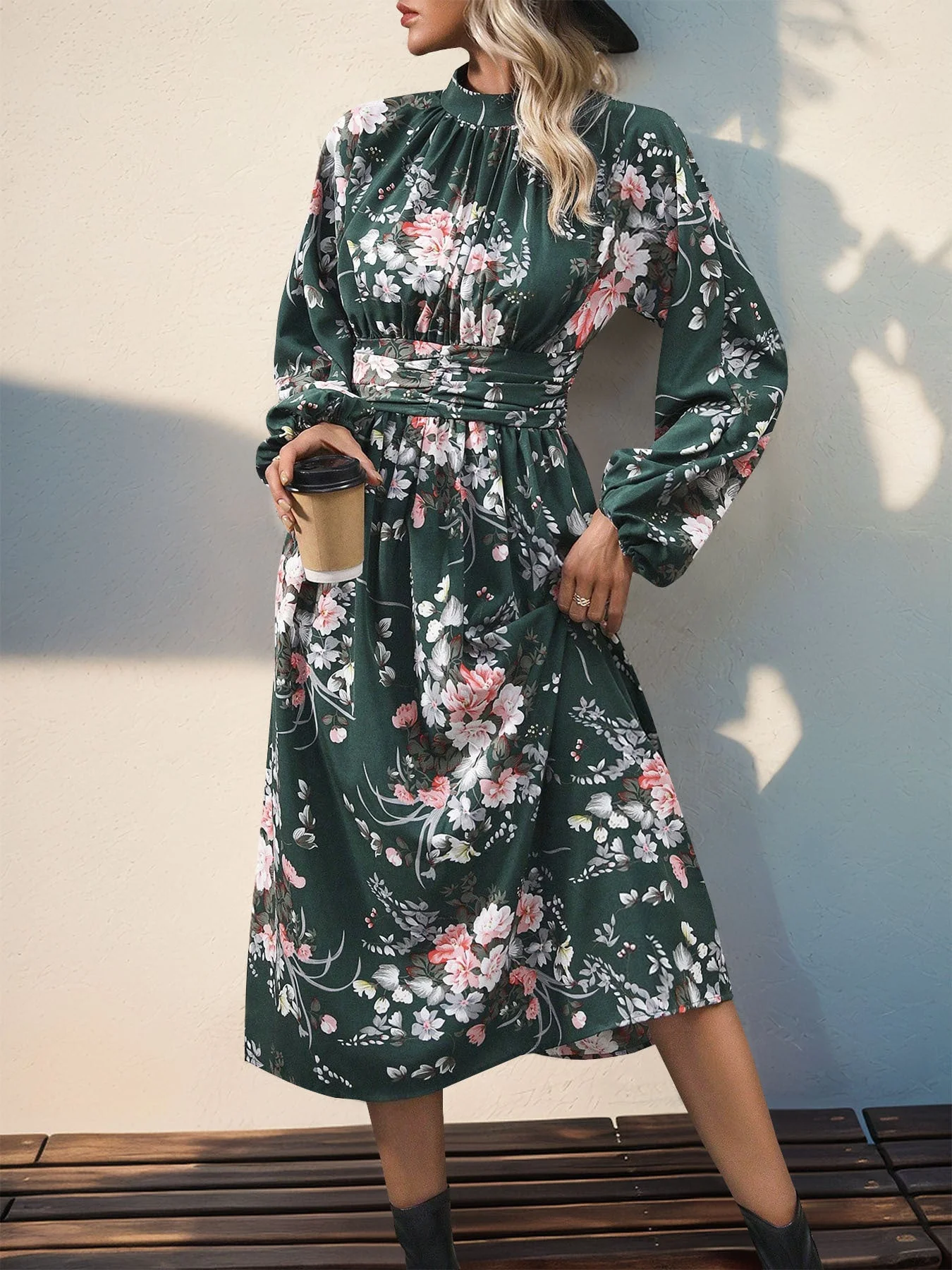 Perfee Ruched Printed Mock Neck Long Sleeve Midi Dress - Image 3