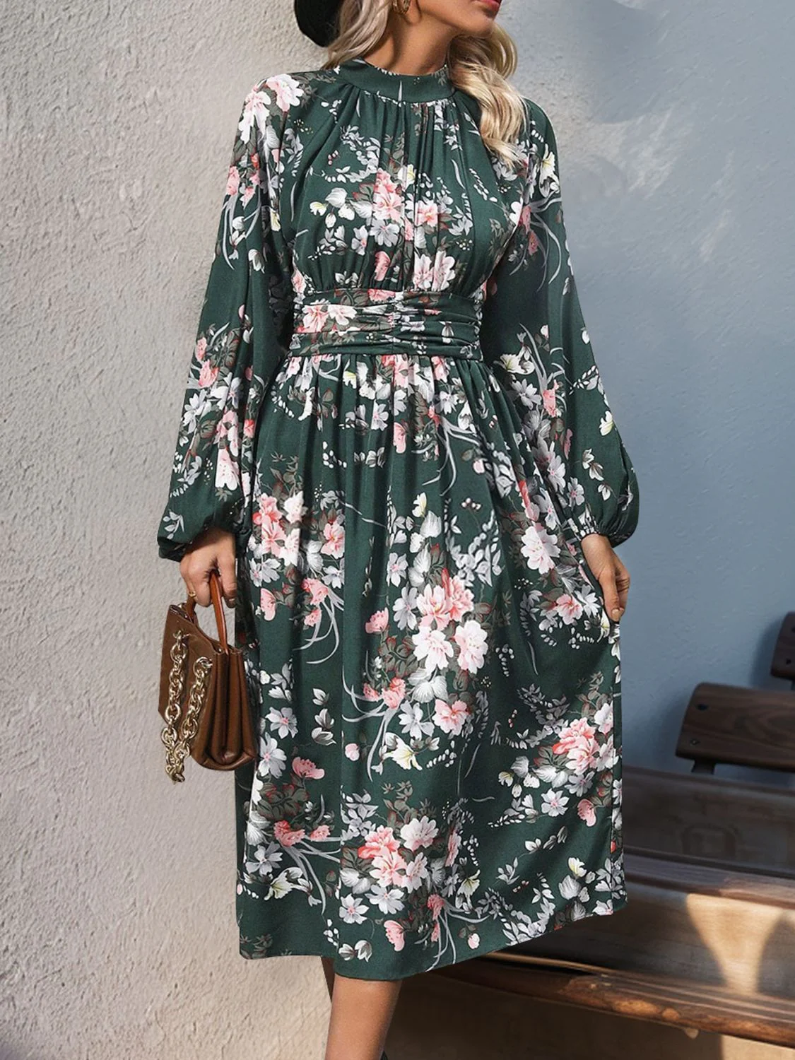 Perfee Ruched Printed Mock Neck Long Sleeve Midi Dress - Image 4