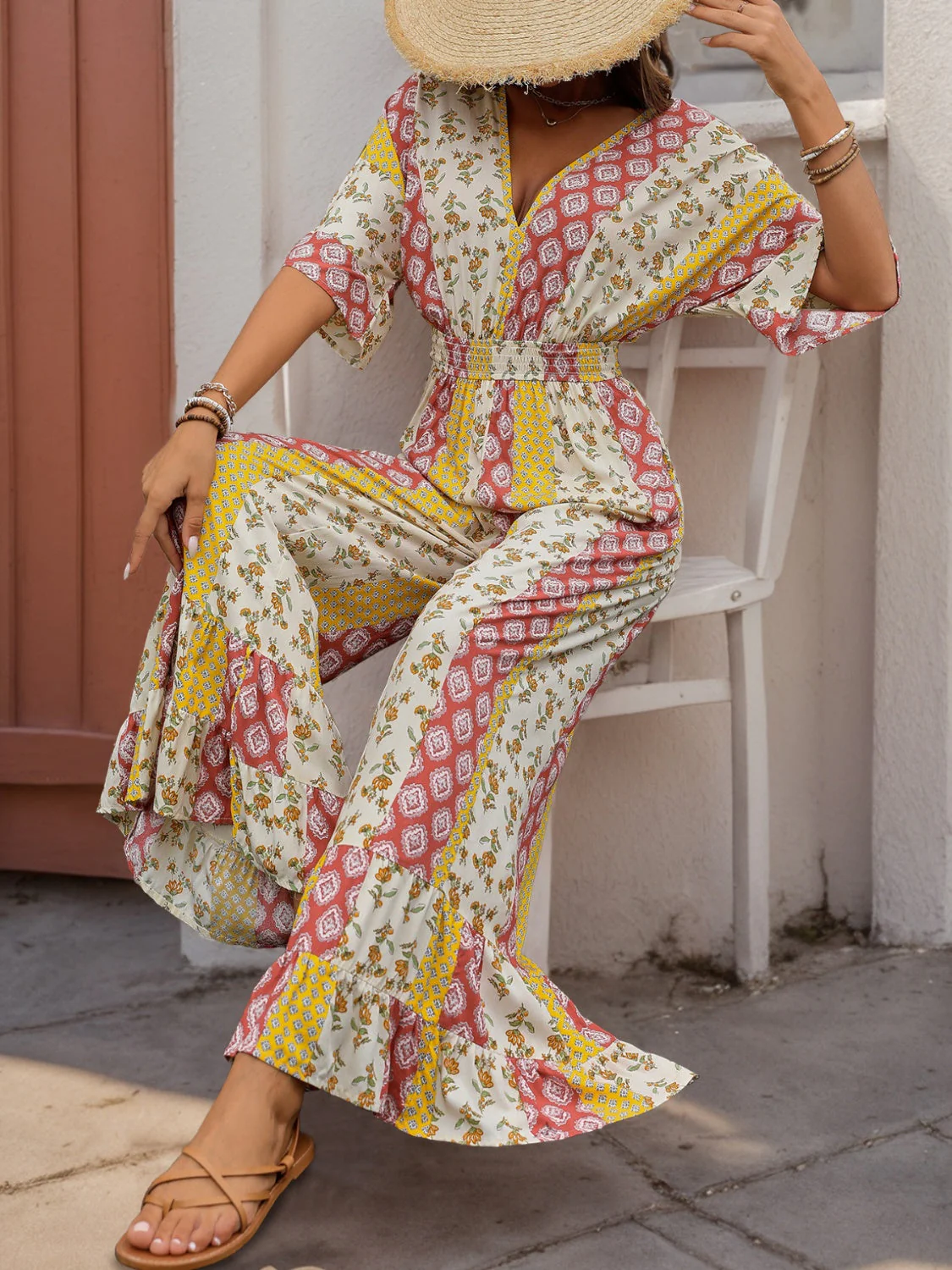 Perfee Ruffled Hem Printed V-Neck Jumpsuit - Image 2