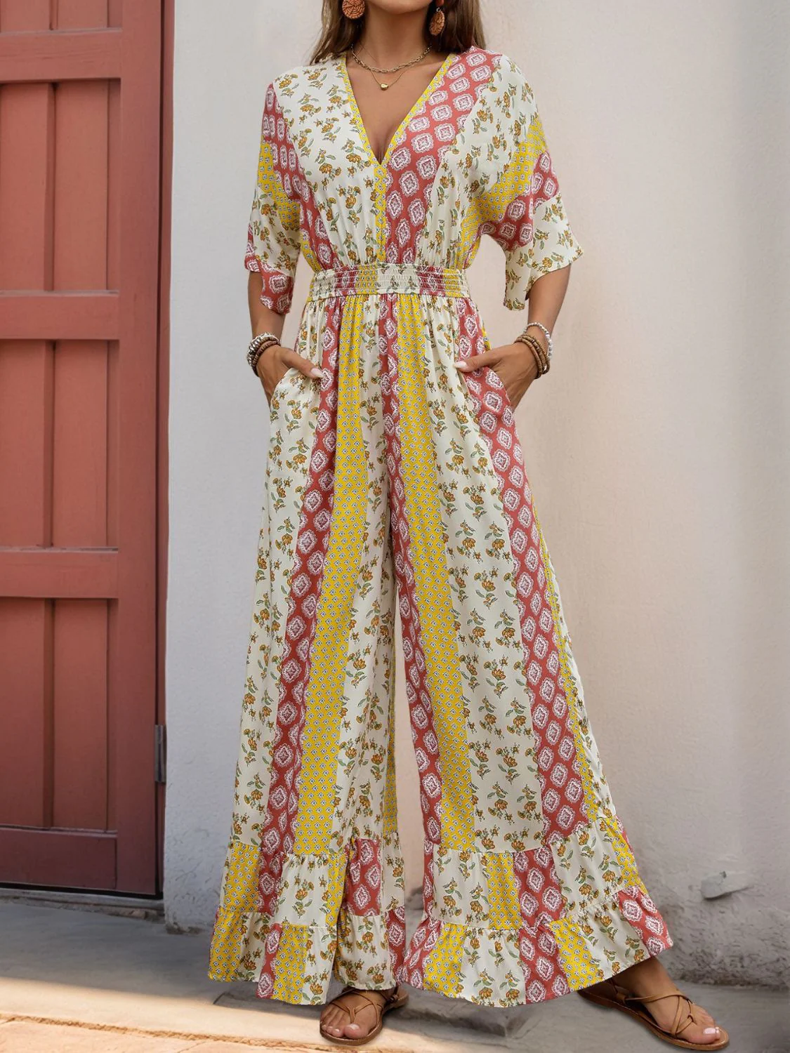 Perfee Ruffled Hem Printed V-Neck Jumpsuit - Image 3