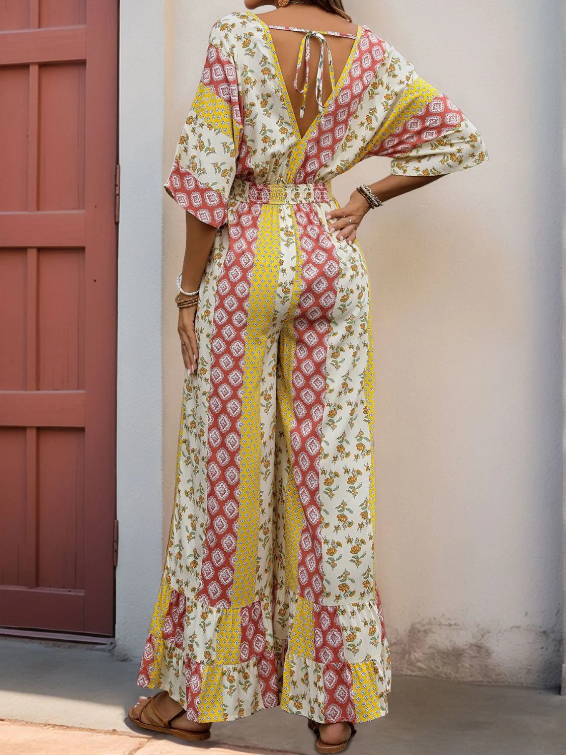 Perfee Ruffled Hem Printed V-Neck Jumpsuit - Image 4