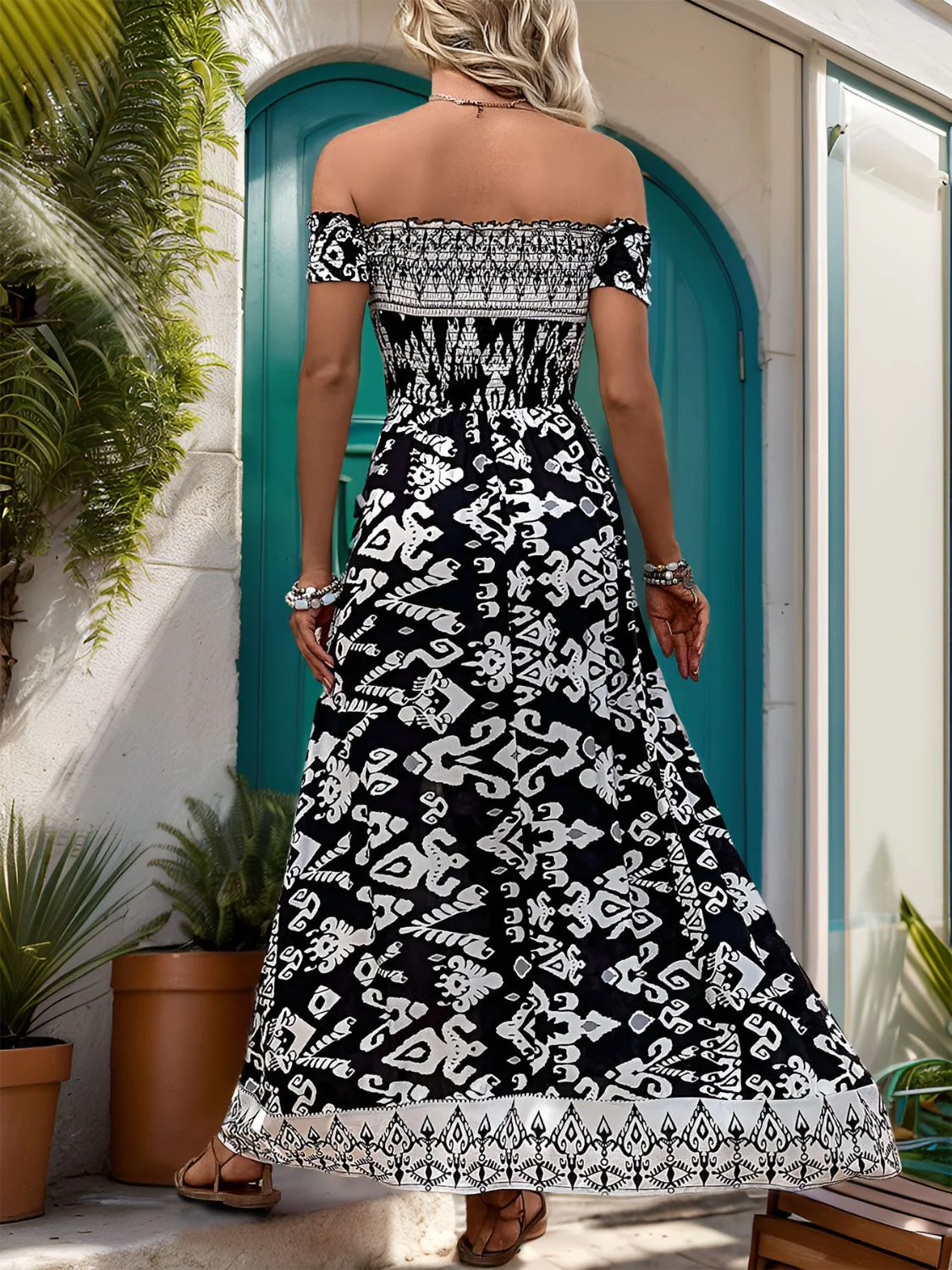 Perfee Slit Printed Off-Shoulder Dress - Image 2
