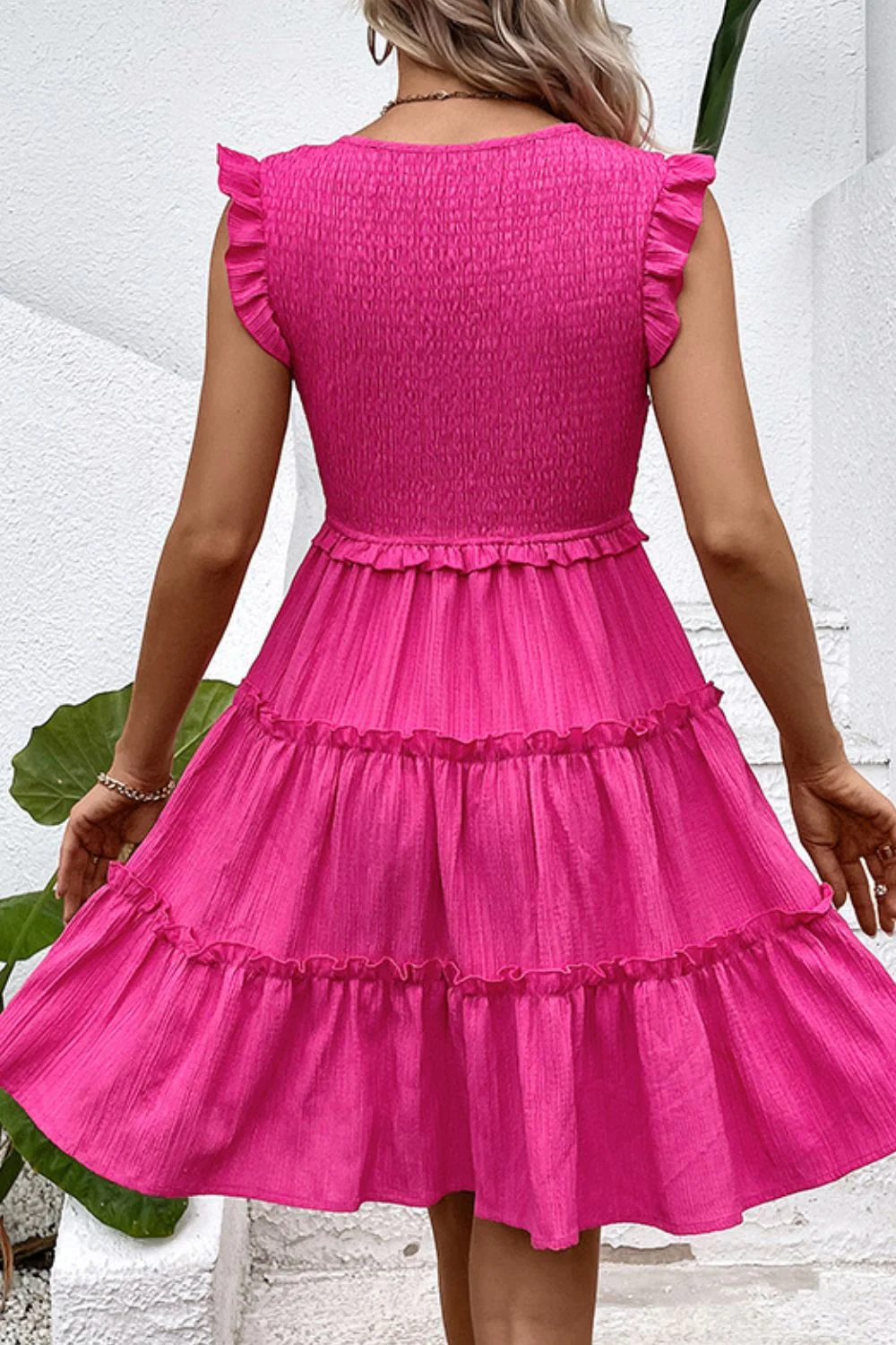 Perfee Smocked Frill Trim Deep V Dress - Image 2