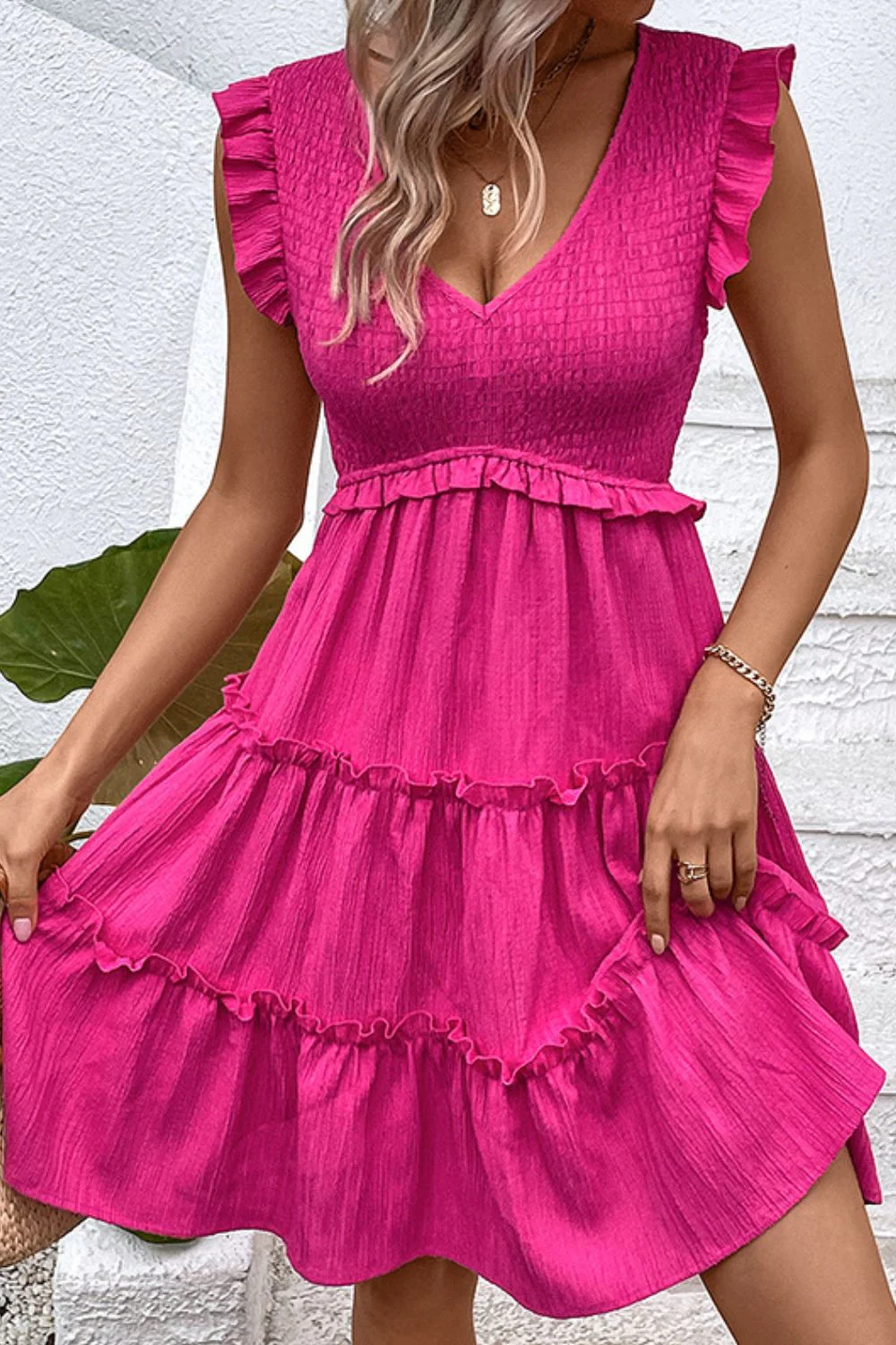 Perfee Smocked Frill Trim Deep V Dress - Image 3