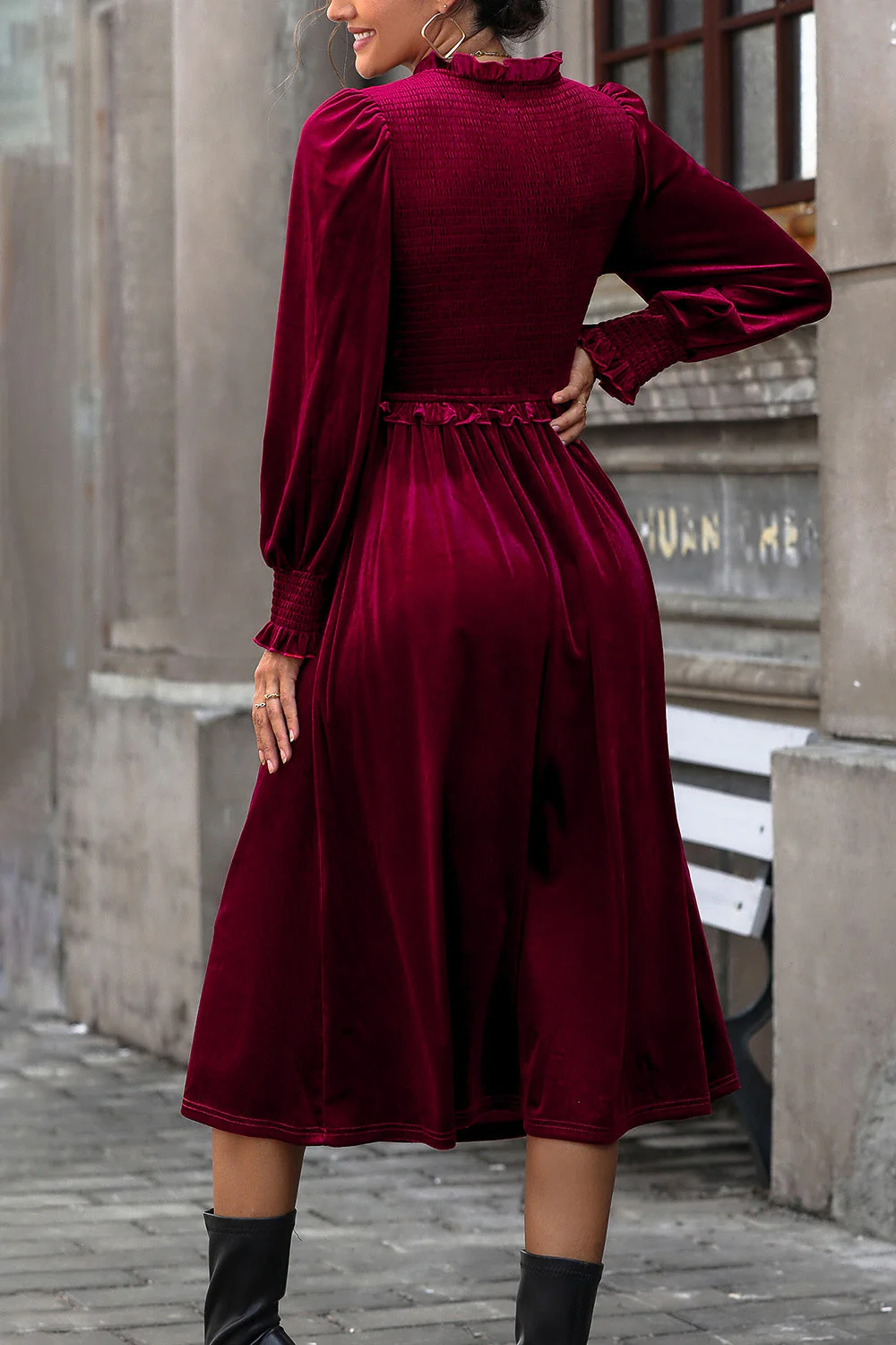 Perfee Smocked Lantern Sleeve Midi Dress - Image 2