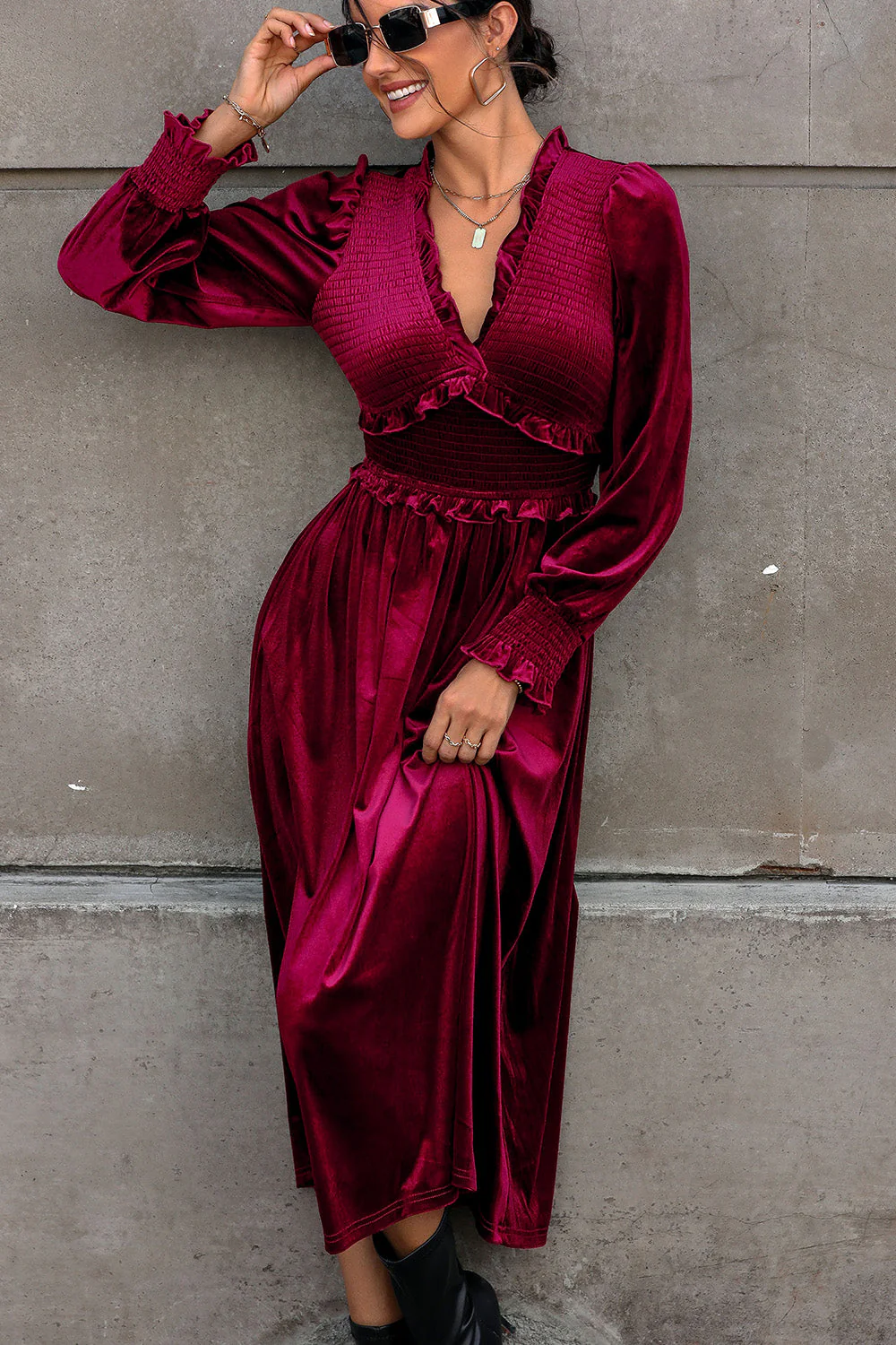 Perfee Smocked Lantern Sleeve Midi Dress - Image 3
