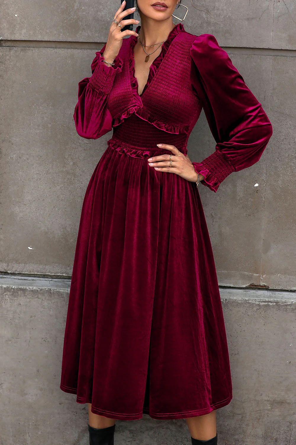 Perfee Smocked Lantern Sleeve Midi Dress - Image 4