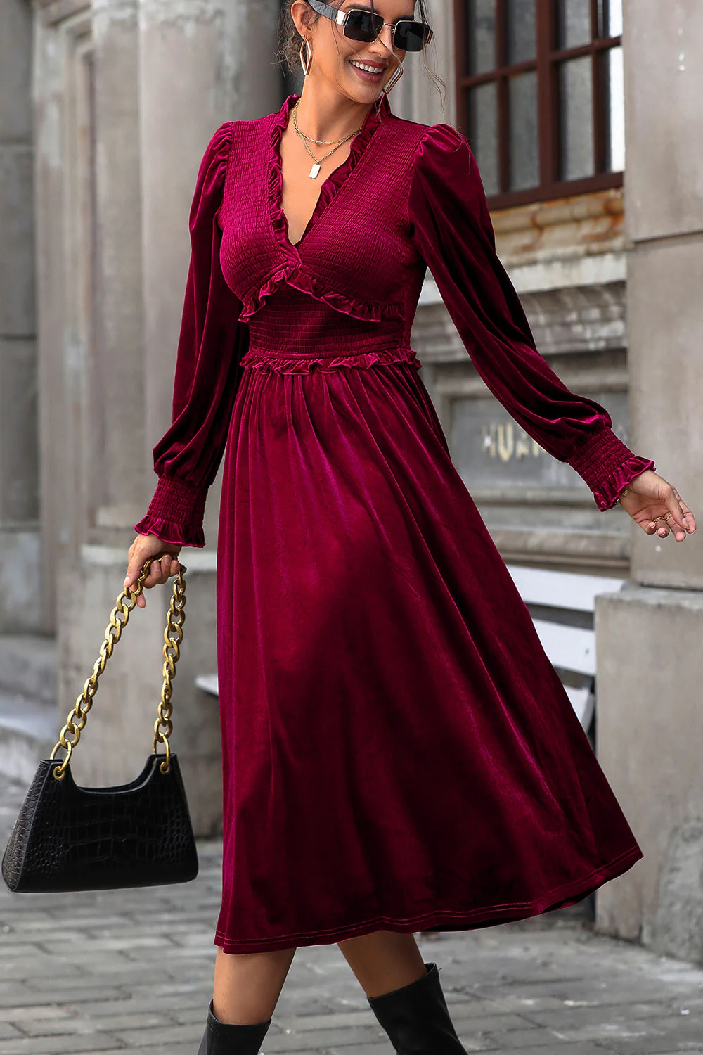 Perfee Smocked Lantern Sleeve Midi Dress - Image 5