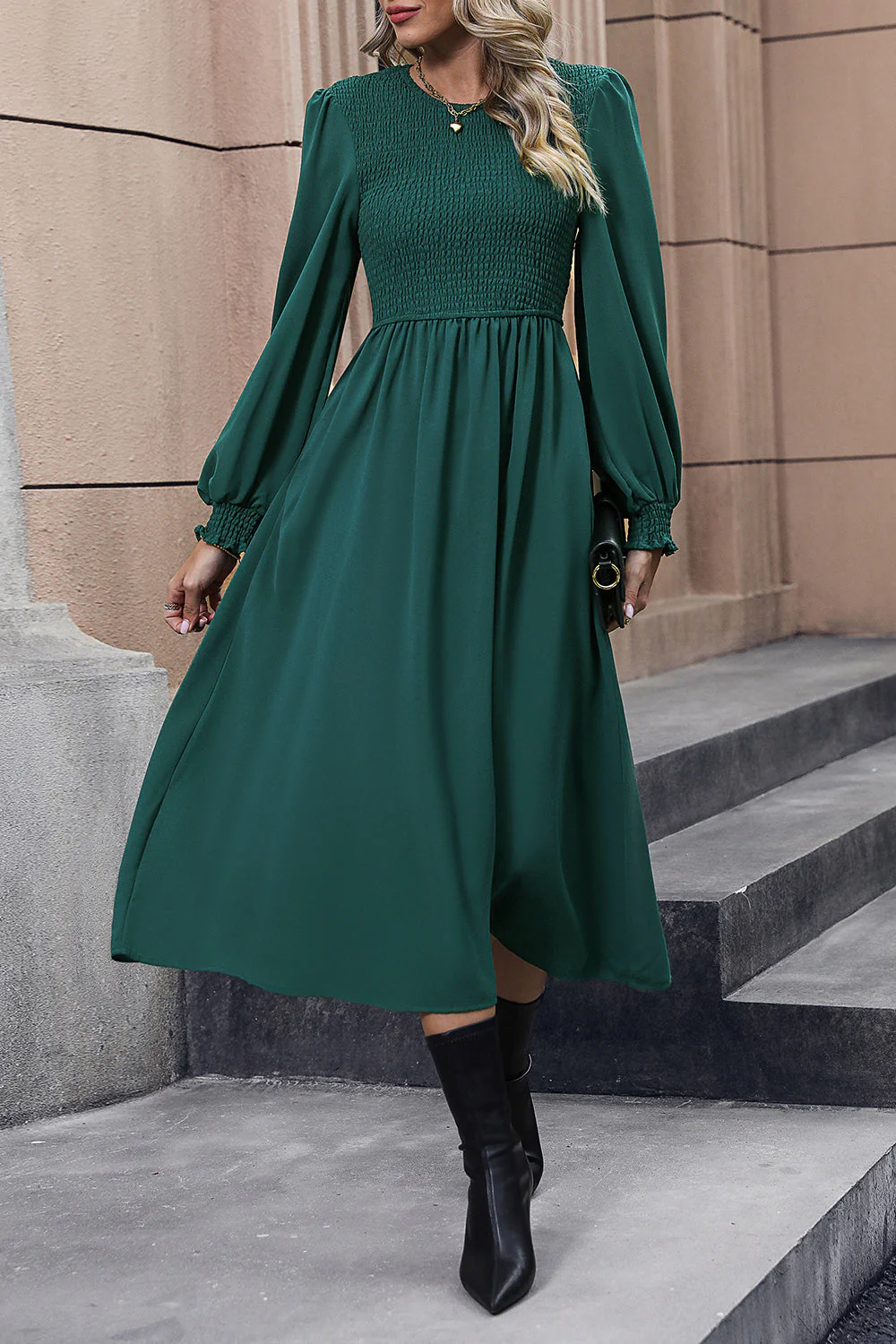 Perfee Smocked Long Sleeve Midi Dress - Image 3
