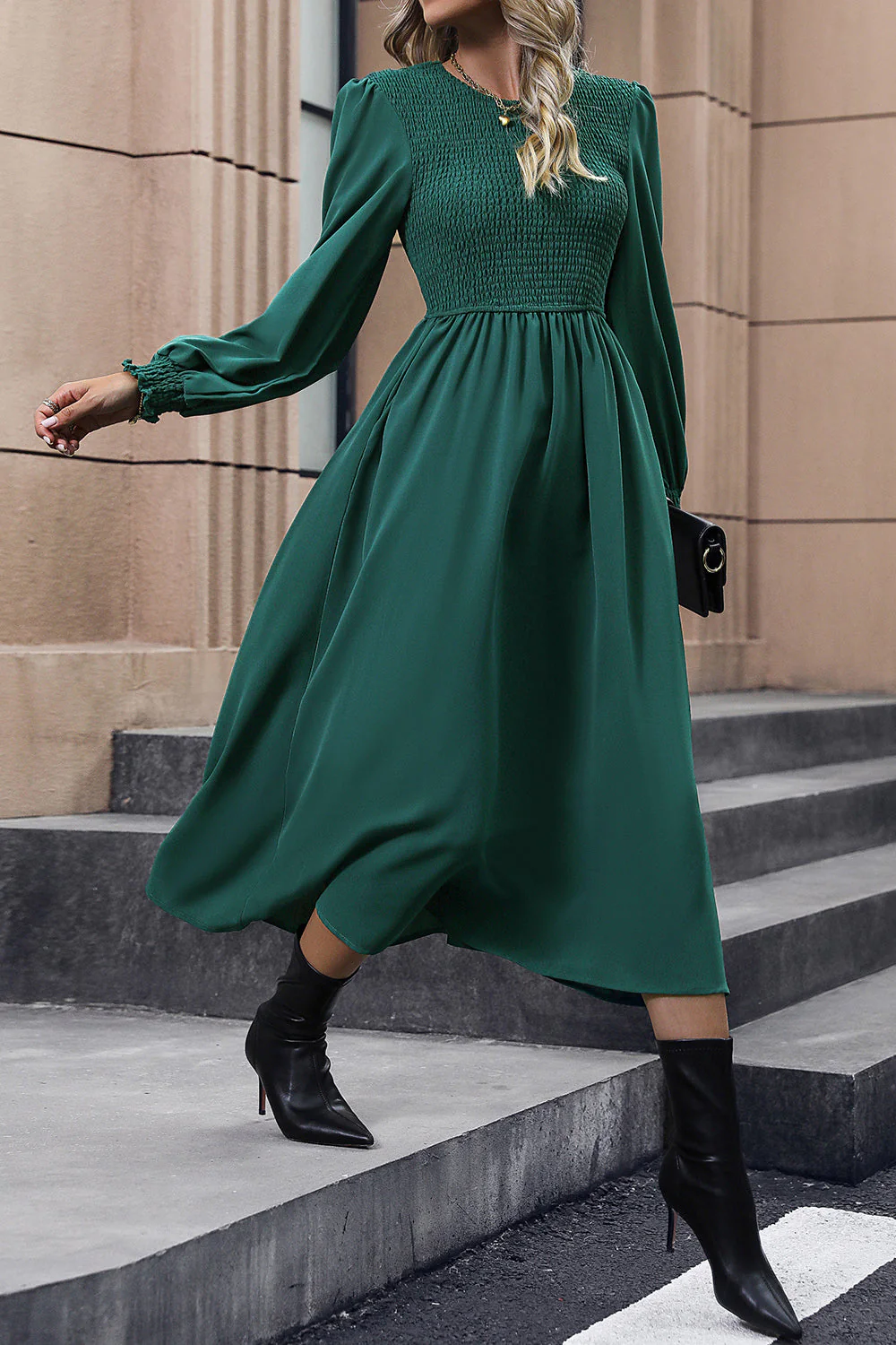 Perfee Smocked Long Sleeve Midi Dress - Image 4