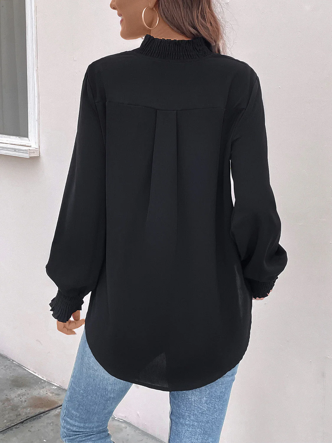 Perfee Smocked Notched Long Sleeve Blouse - Image 2