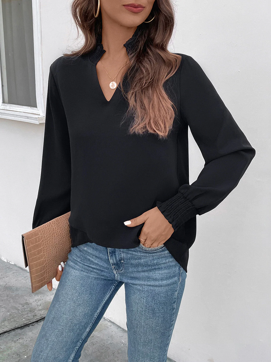 Perfee Smocked Notched Long Sleeve Blouse - Image 4