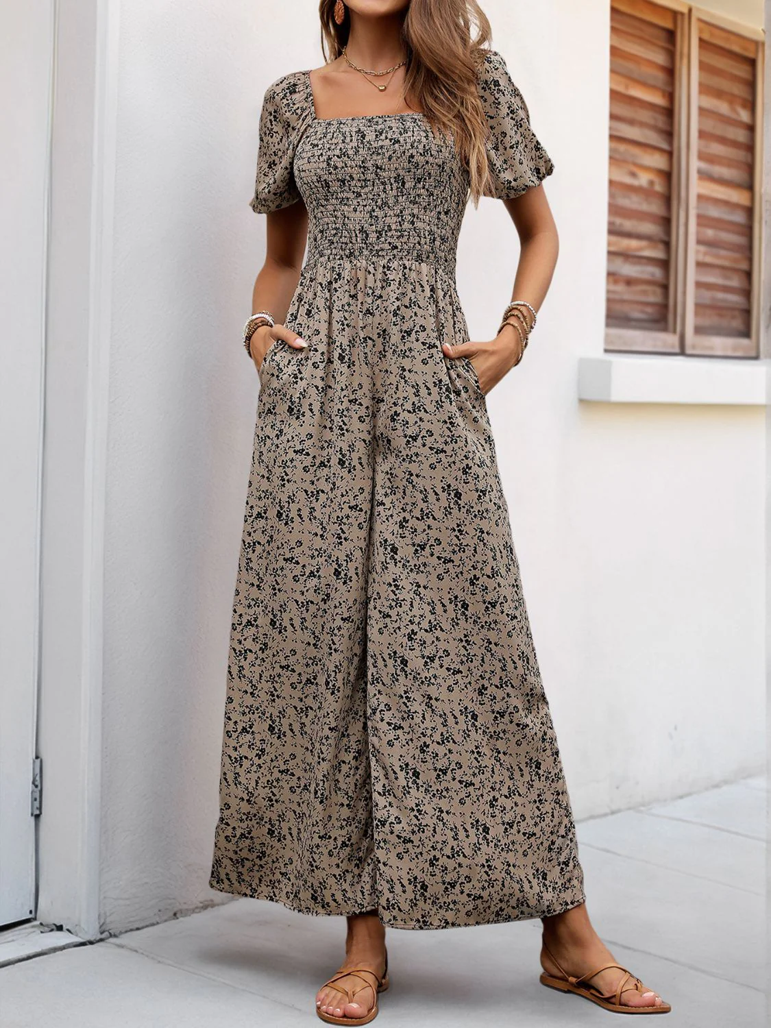 Perfee Smocked Printed Square Neck Puff Sleeve Jumpsuit - Image 2