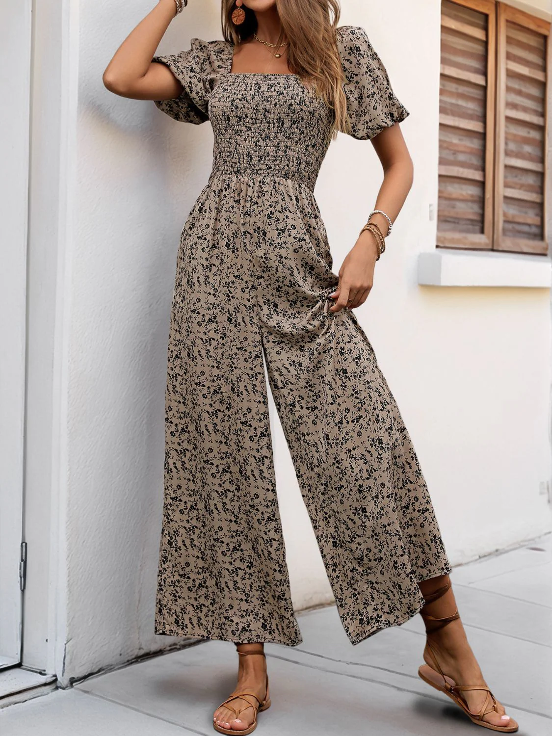 Perfee Smocked Printed Square Neck Puff Sleeve Jumpsuit - Image 4