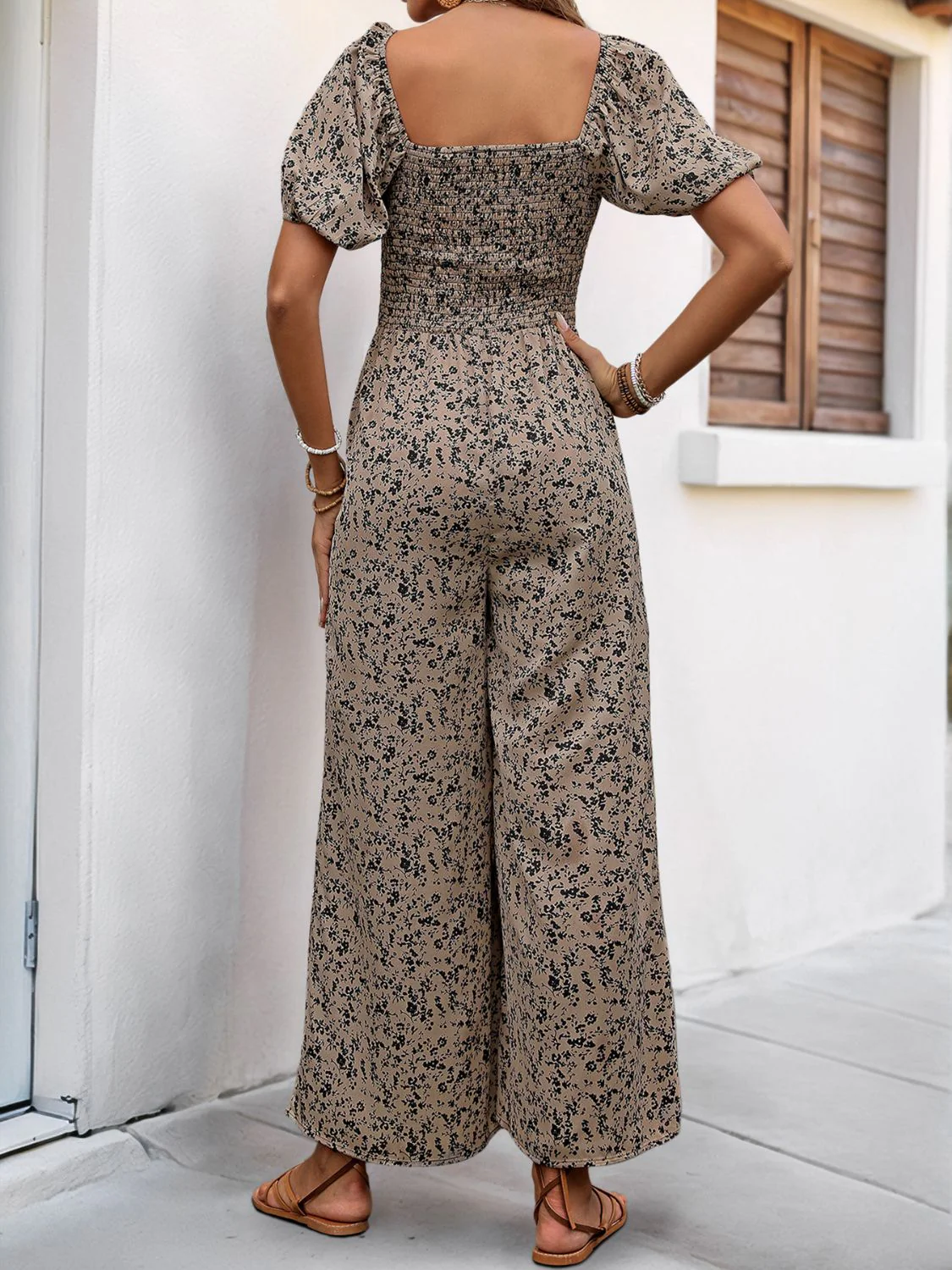Perfee Smocked Printed Square Neck Puff Sleeve Jumpsuit - Image 5