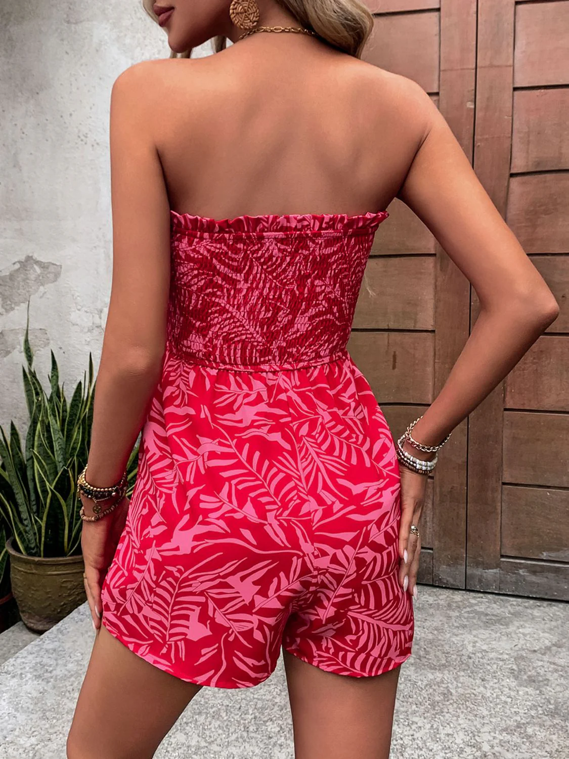Perfee Smocked Printed Tube Romper with Pockets - Image 2