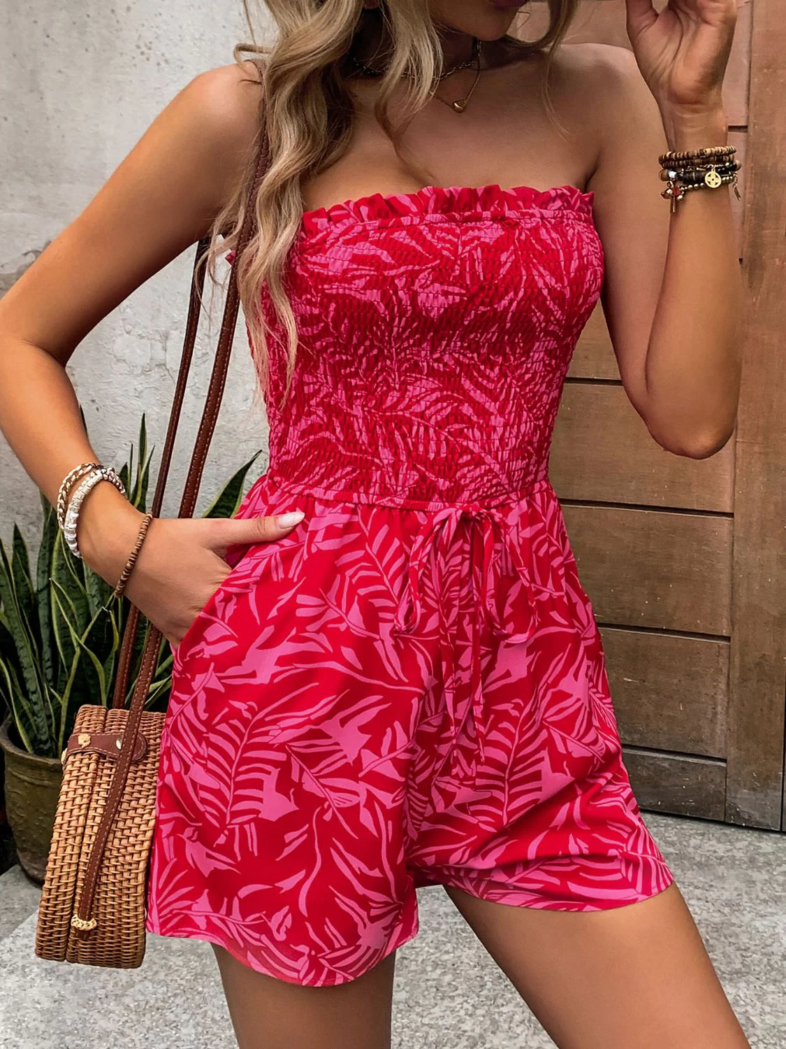Perfee Smocked Printed Tube Romper with Pockets - Image 3
