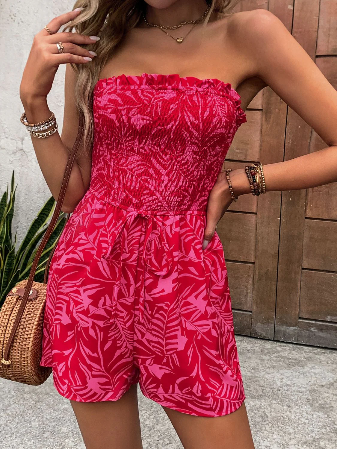 Perfee Smocked Printed Tube Romper with Pockets - Image 4