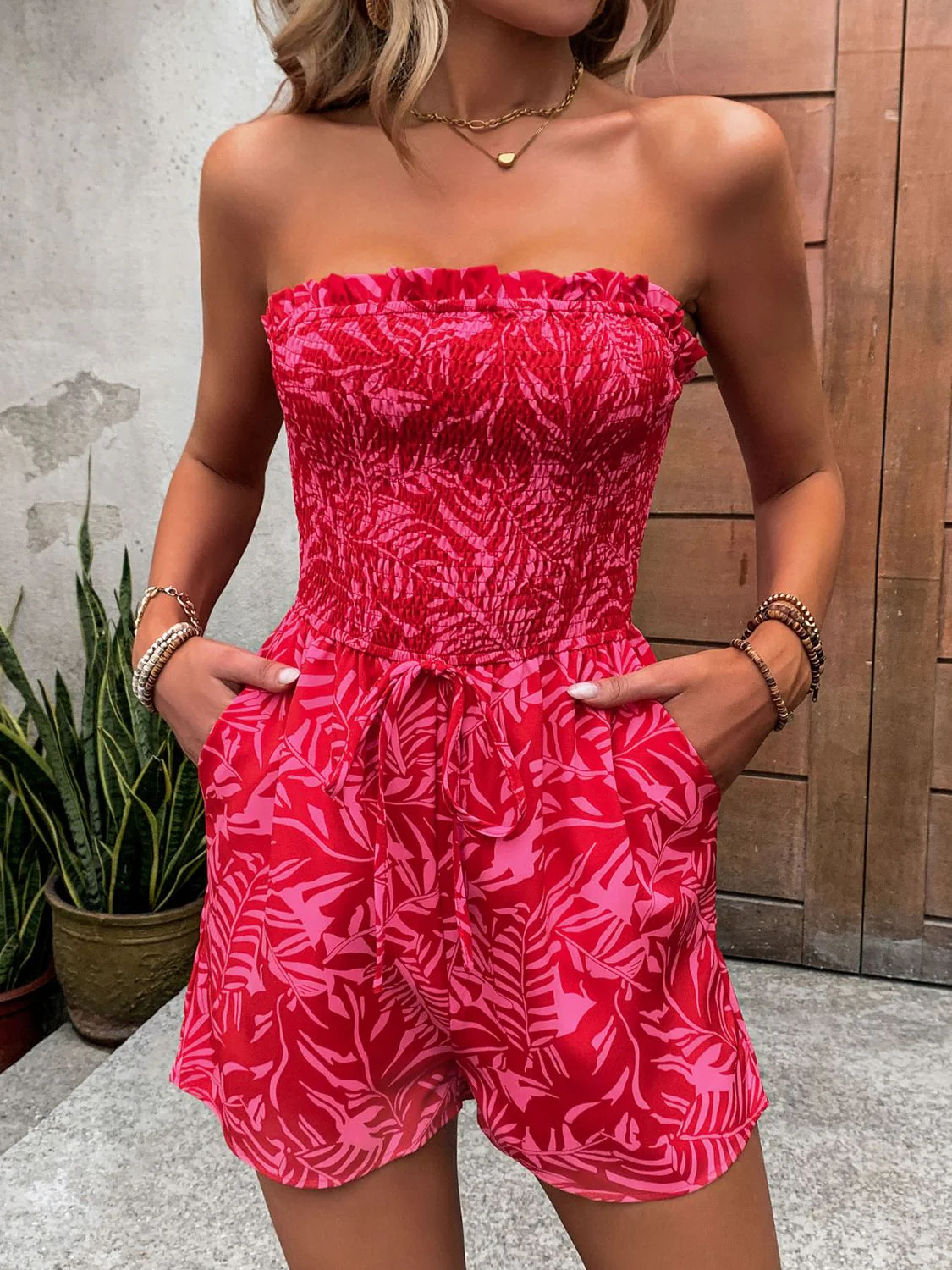 Perfee Smocked Printed Tube Romper with Pockets - Image 6