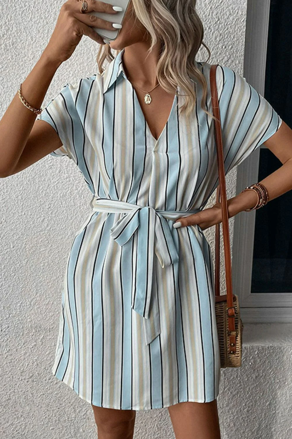 Perfee Striped Johnny Collar Tie-Waist Dress - Image 4