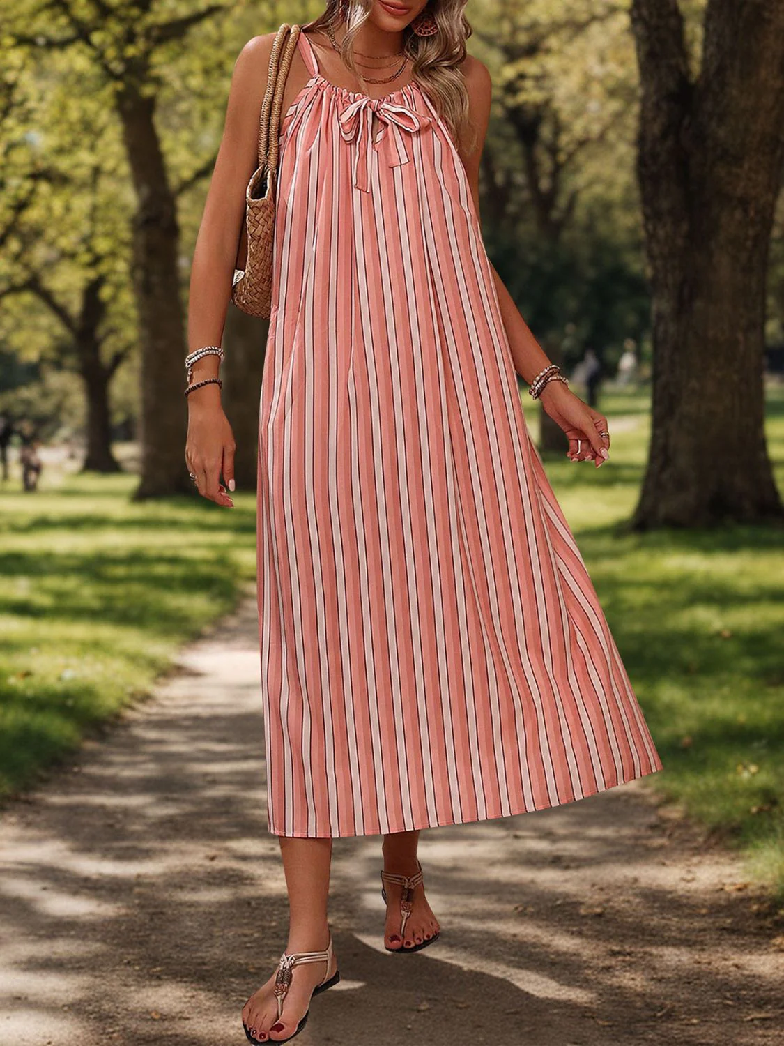 Perfee Striped Tie Neck Midi Cami Dress - Image 5
