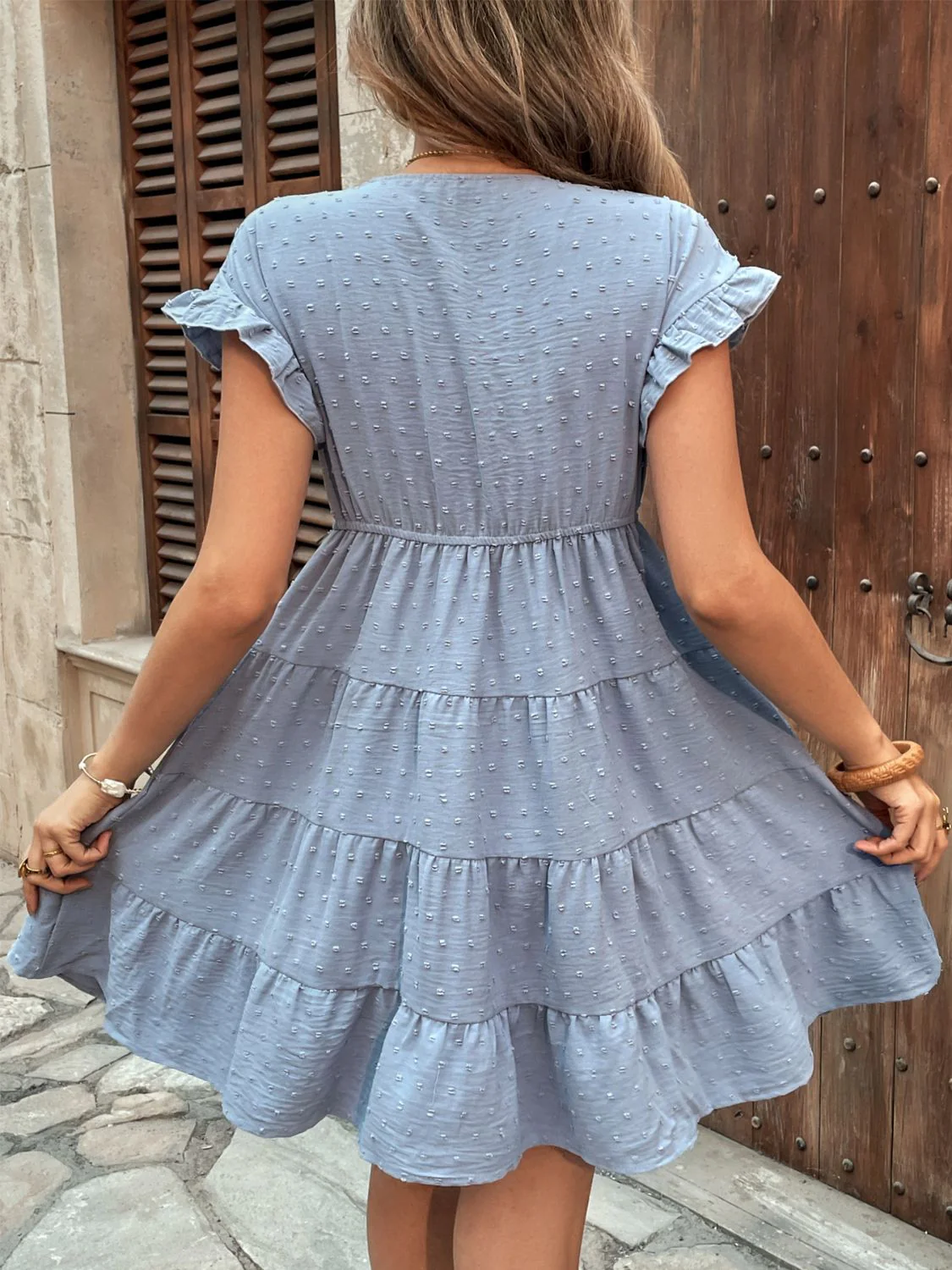 Perfee Swiss Dot Ruffled Tiered Mini Dress with Pockets - Image 4