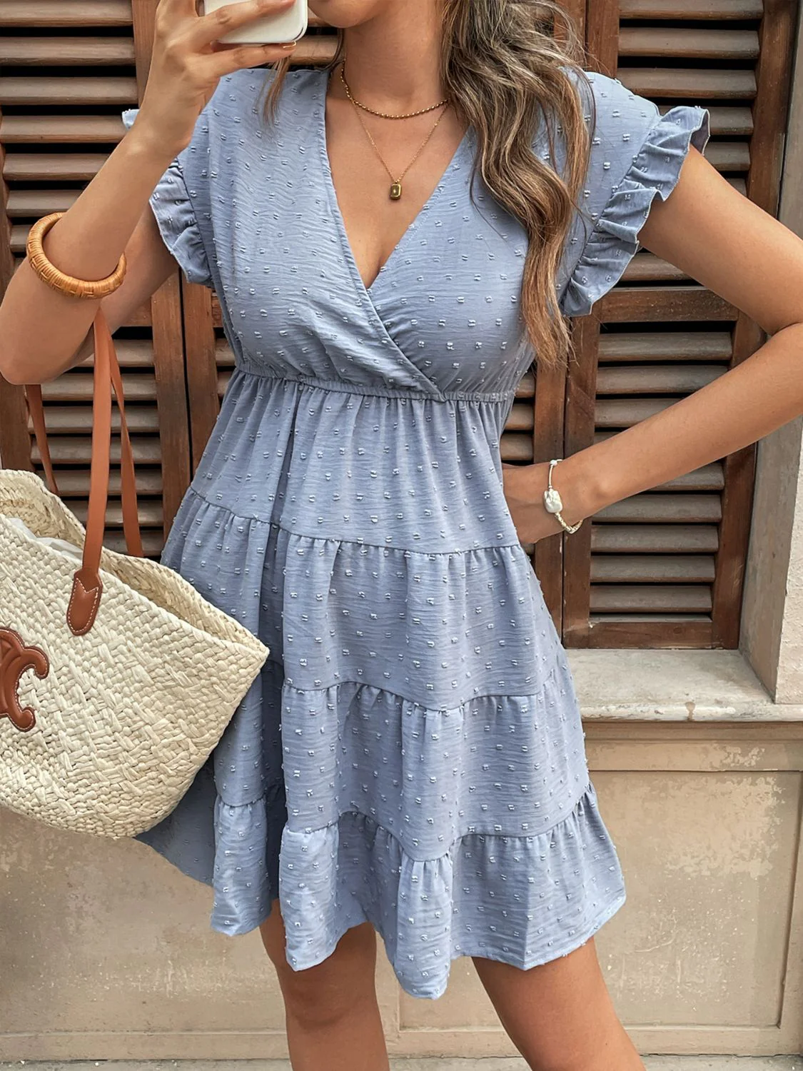 Perfee Swiss Dot Ruffled Tiered Mini Dress with Pockets - Image 5