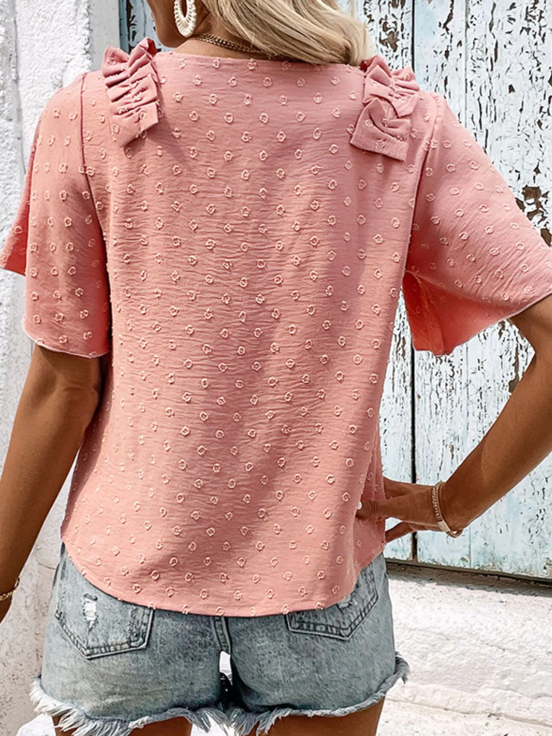 Perfee Swiss Dot Shoulder Detail V-Neck Blouse - Image 2