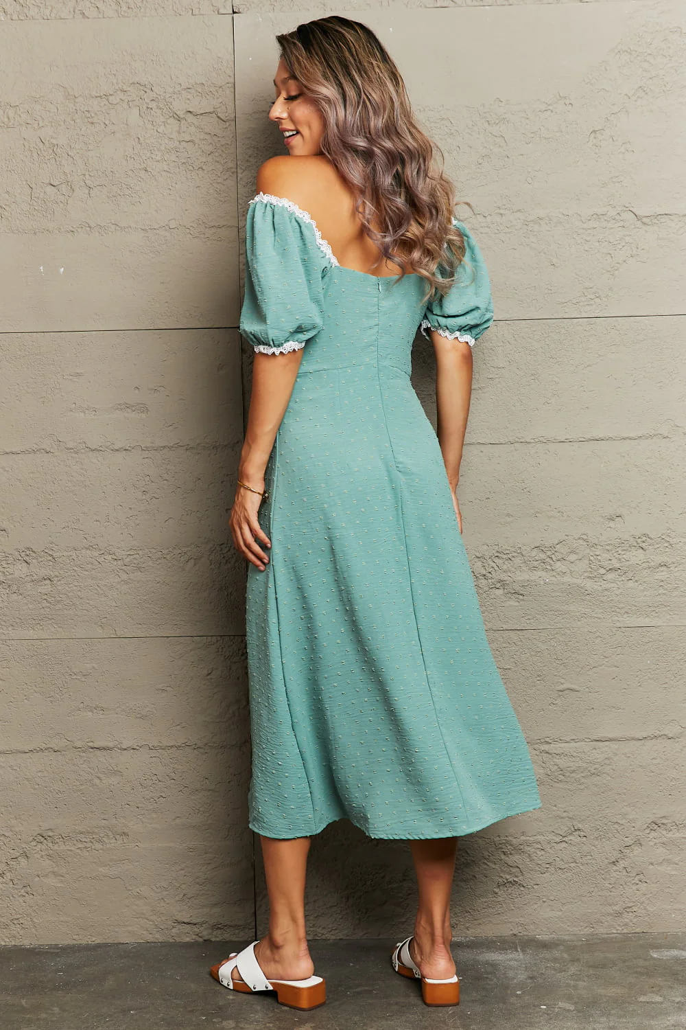 Perfee Swiss Dot Slit Off-Shoulder Dress - Image 2