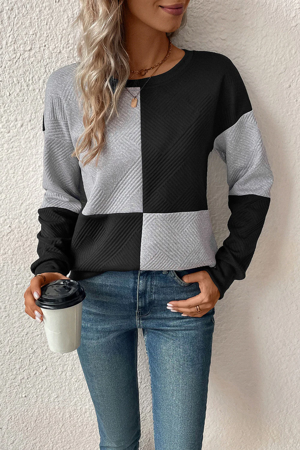 Perfee Textured Color Block Round Neck Sweatshirt - Image 12