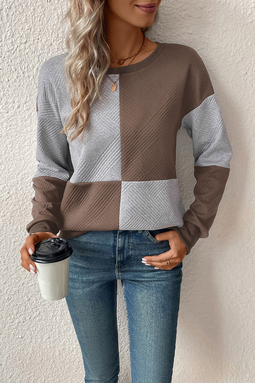 Perfee Textured Color Block Round Neck Sweatshirt - Image 21