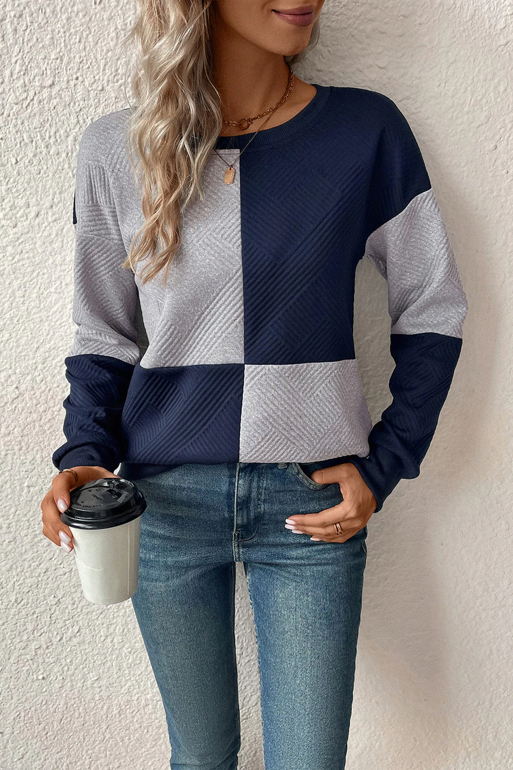 Perfee Textured Color Block Round Neck Sweatshirt - Image 4