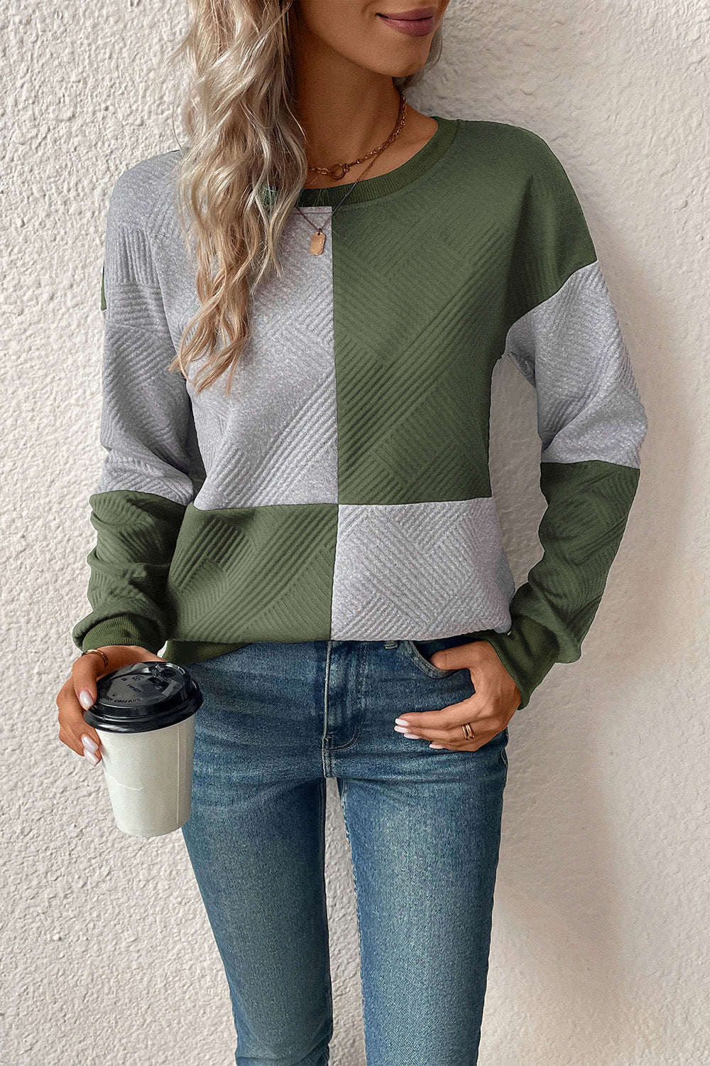 Perfee Textured Color Block Round Neck Sweatshirt - Image 9