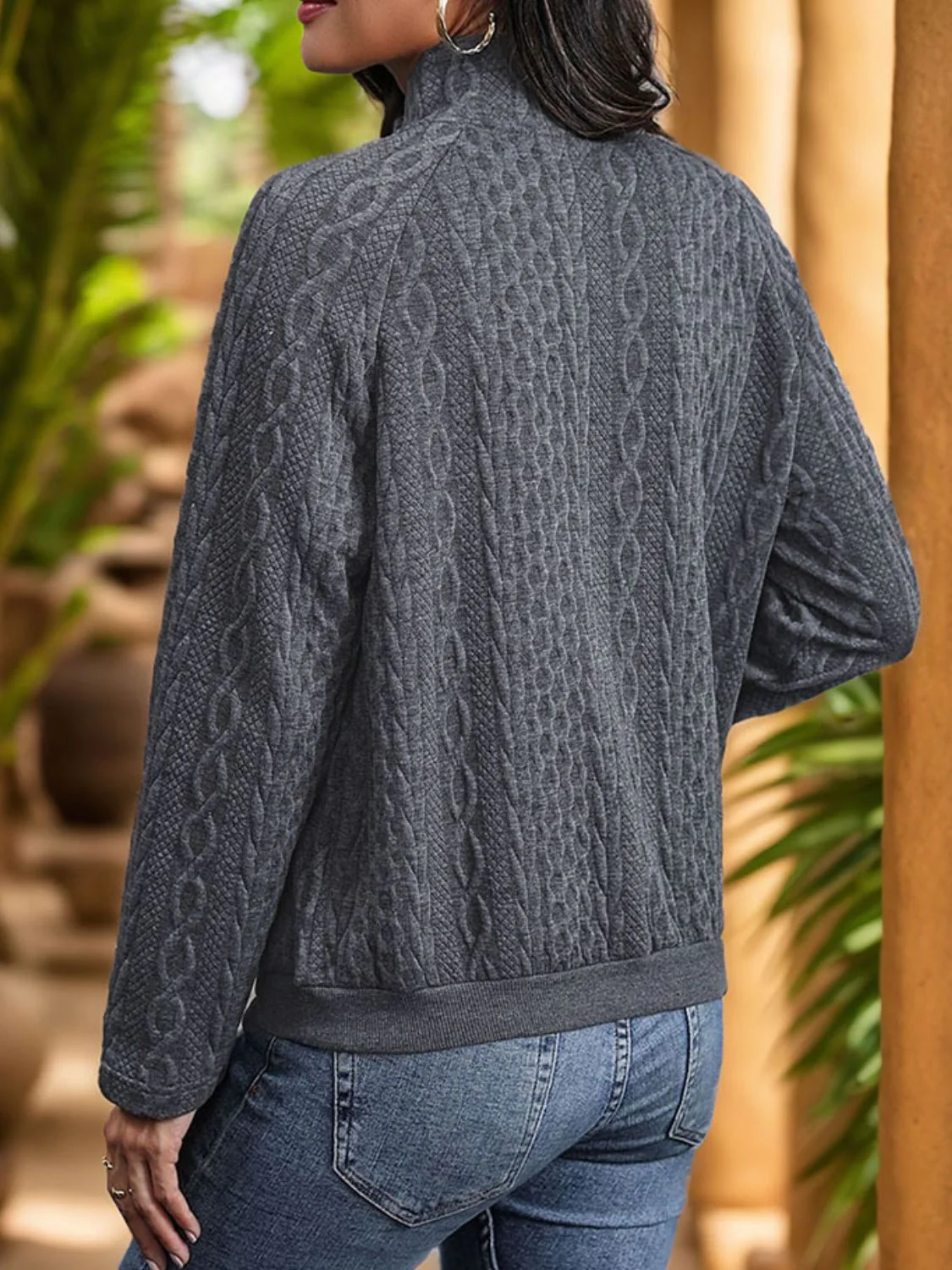 Perfee Textured Quarter Snap Long Sleeve Sweatshirt - Image 2