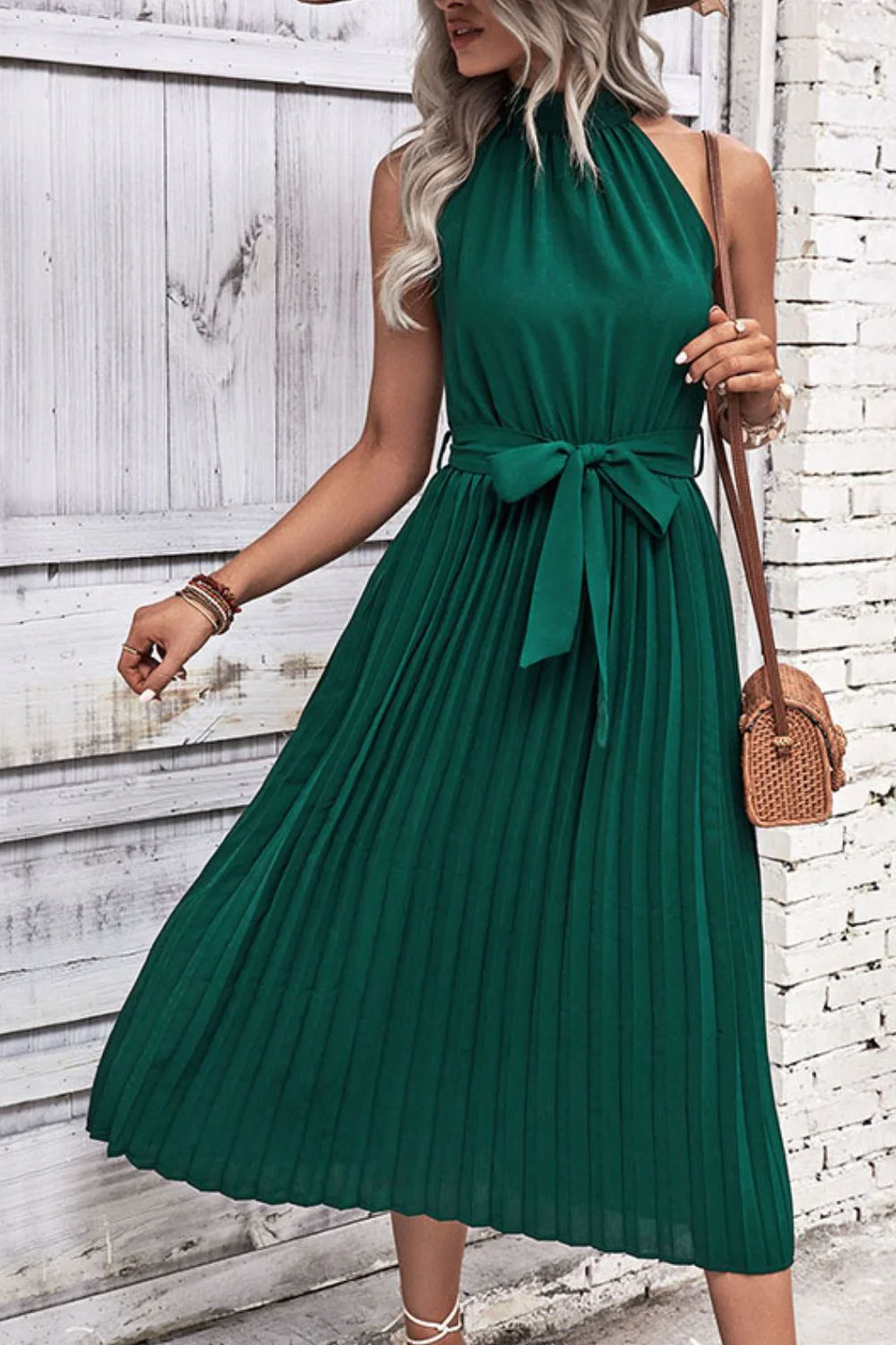 Perfee Tie Belt Pleated Midi Dress - Image 3